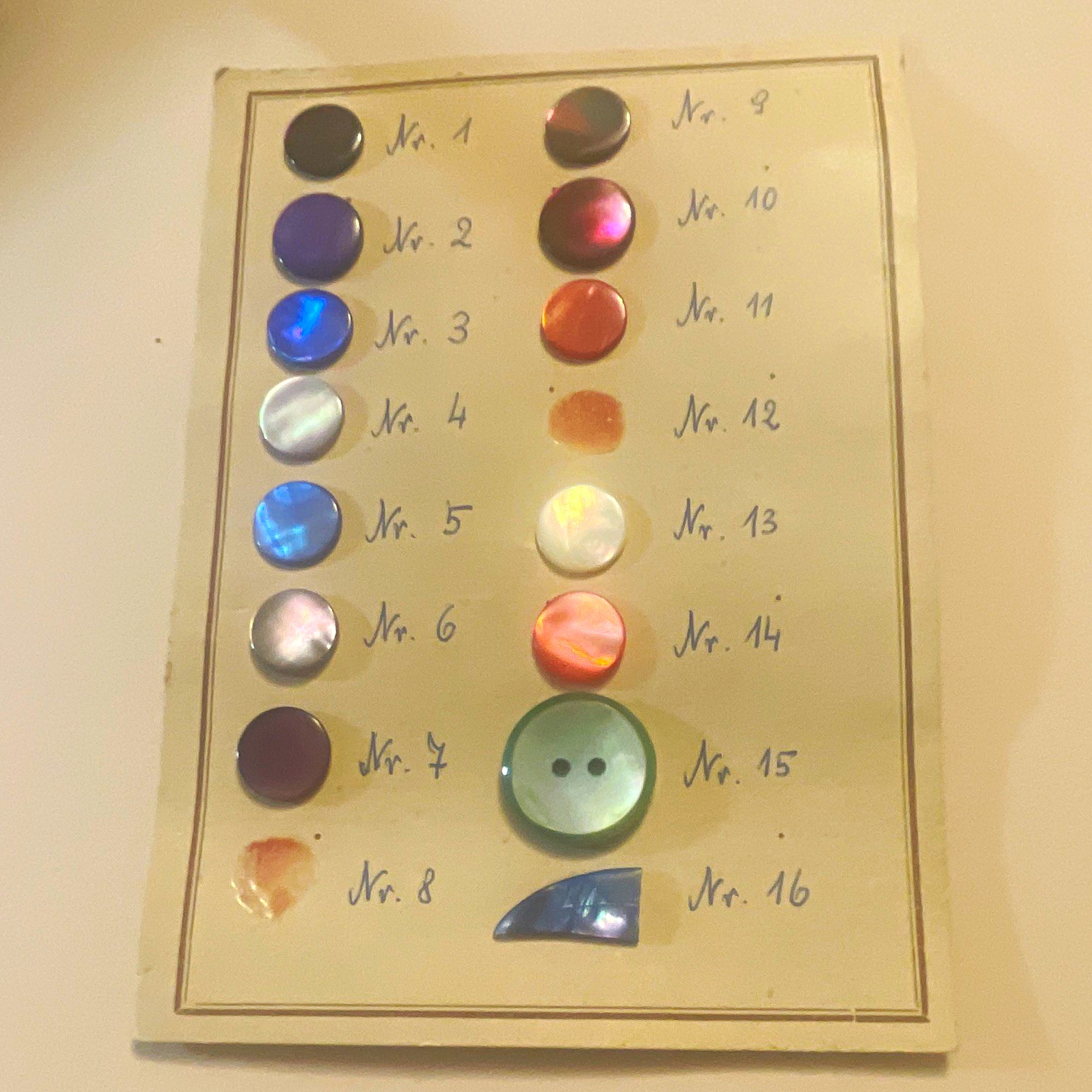 Antique c1920s Mother of Pearl Shell Button Salesman Sample Card 14 Iridescent
