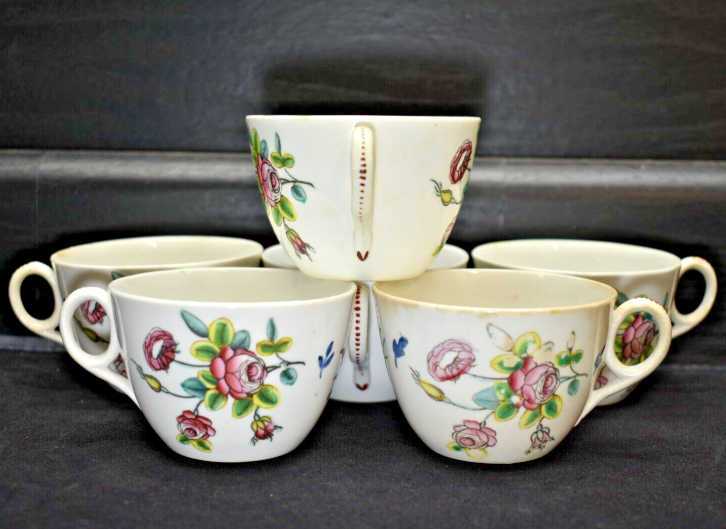 Set of 6 - Antique NEW HALL - 19th c - Tea Cups - Floral Sprig (154)