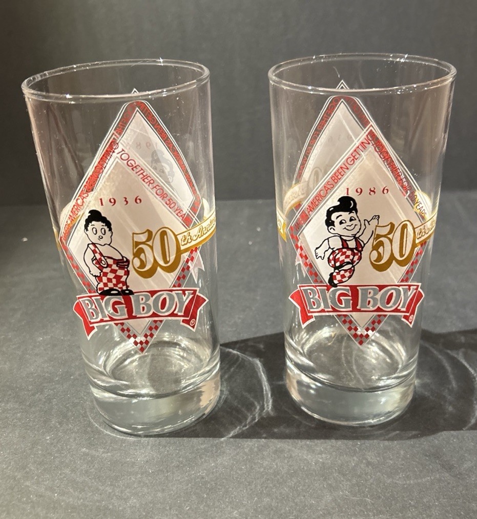 Vtg Bob\'s Big Boy 50th Anniversary Glasses SET OF 2 (1936-1986) Clear Glass -New Vtg Bob\'s Big Boy 50th Anniversary Glasses SET OF 2 (1936-1986) Clear Glass -New