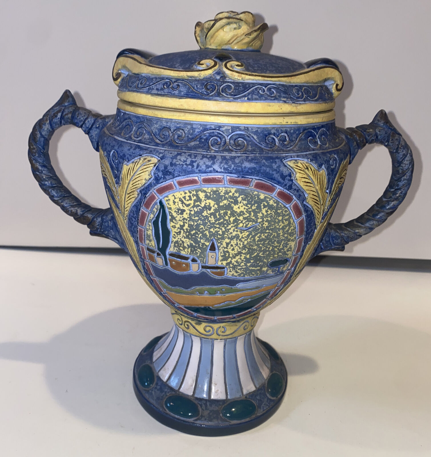Amphora Czechoslovakia Amphora vase with lid knight 2 Handled Blue Eathenware