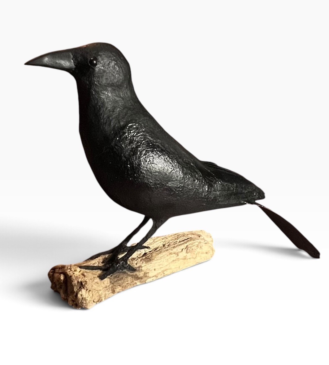 LRG Folk Art Papier-Mâché Raven Sculpture on Drift Wood Base Crow Dark Academia