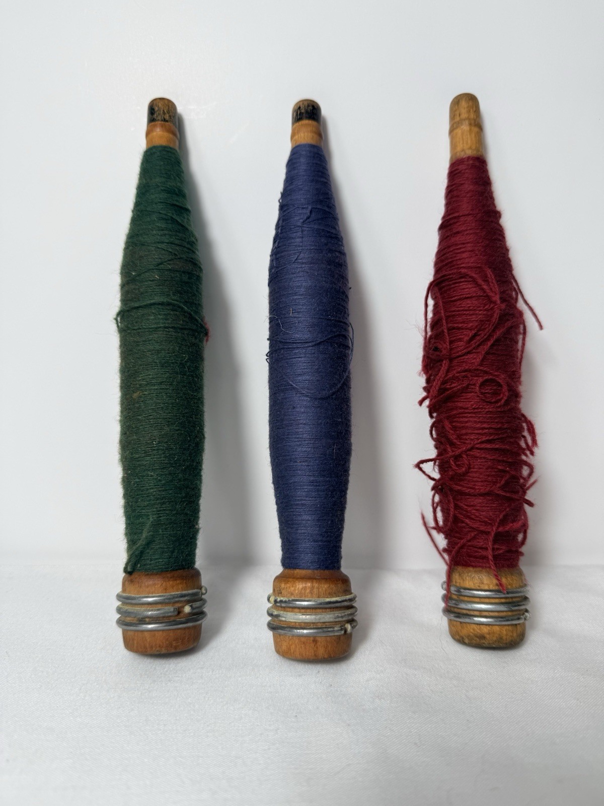 Lot of 3 Antique Wooden Textile Bobbins Spindles Pirns w/ Original Wool Yarn