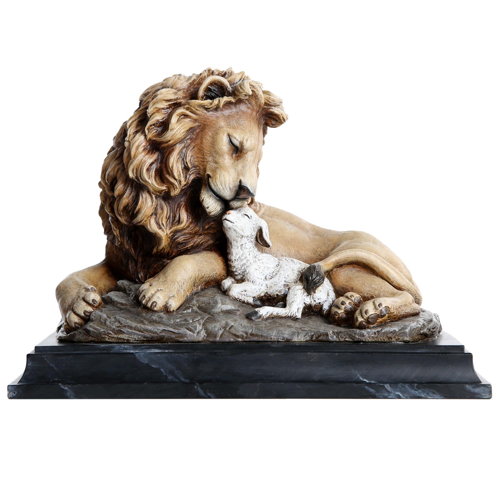 Christian Lion and Lamb Statue Brown Resin Table Decor Marble Base 6.5in