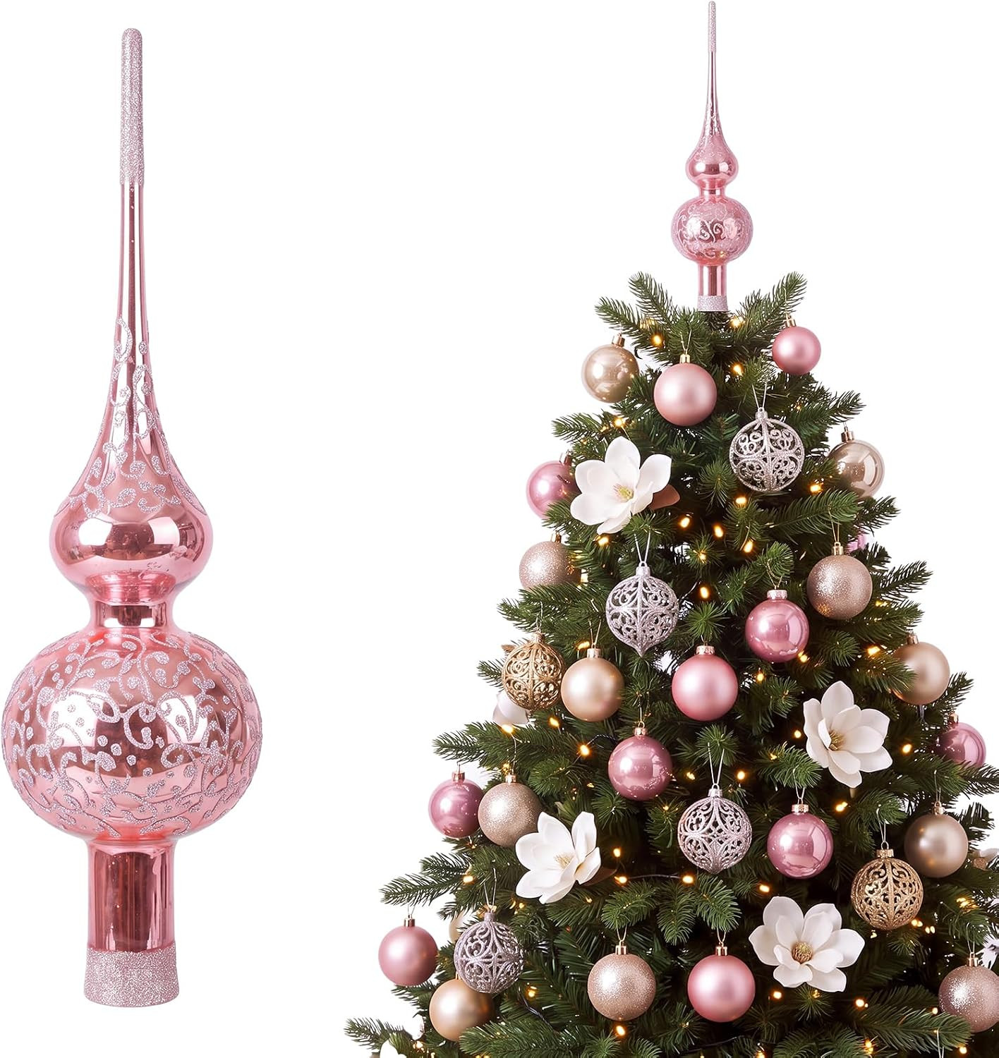 13 Inch Pink Glass Christmas Tree Topper Glitter, Mercury