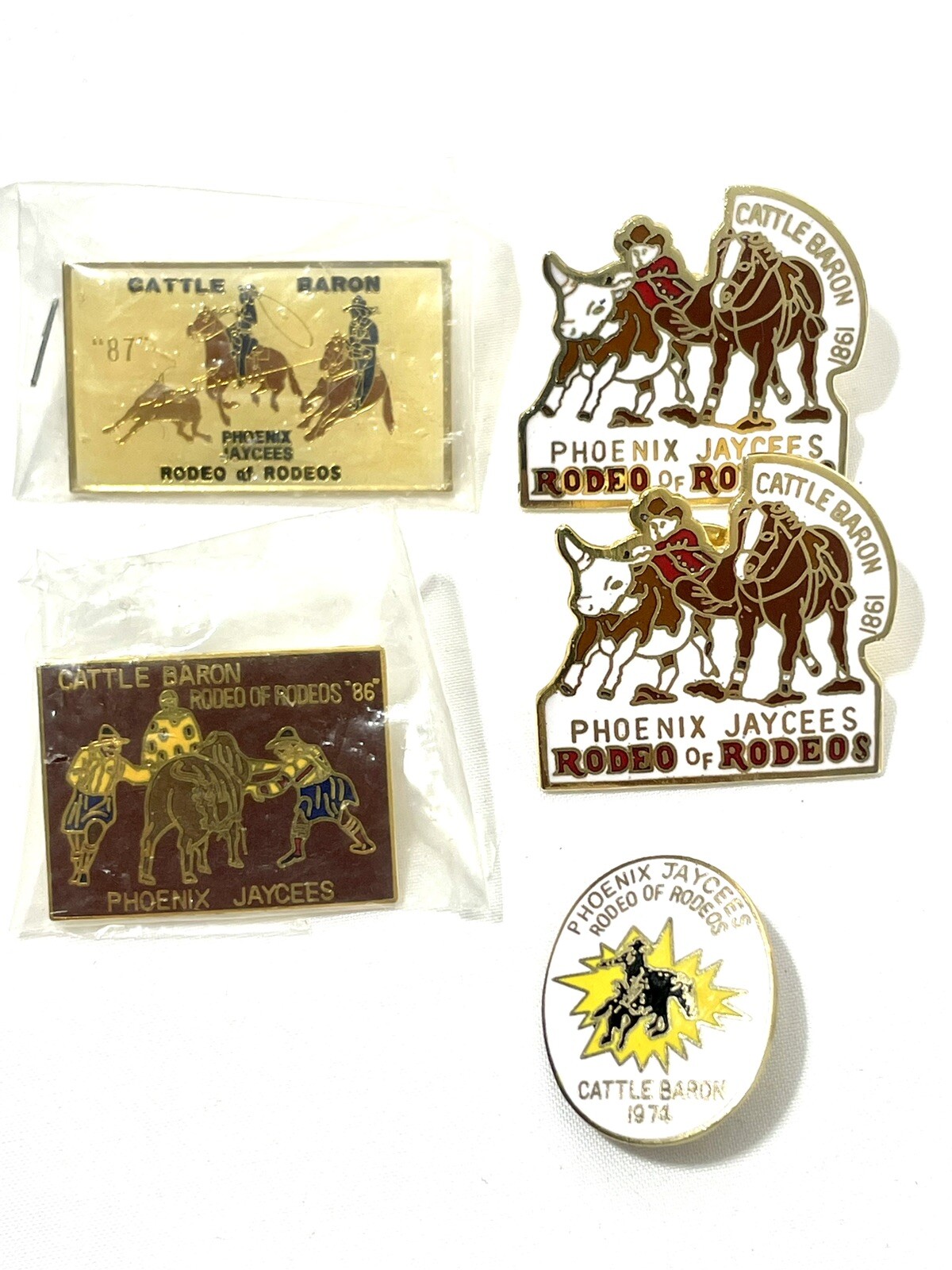 VTG Phoenix JAYCEES RODEO OF RODEOS 1974 '81 '86 '87 Cattle Baron enamel pin LOT VTG Phoenix JAYCEES RODEO OF RODEOS 1974 '81 '86 '87 Cattle Baron enamel pin LOT