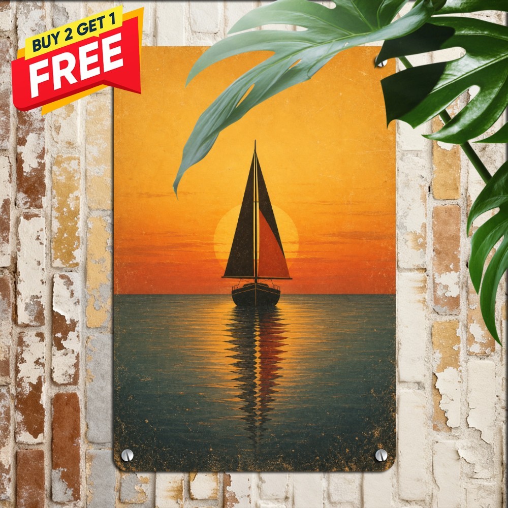 Sailboat Silhouette Sunset Ocean Metal Sign Nautical Coastal Wall Plaque