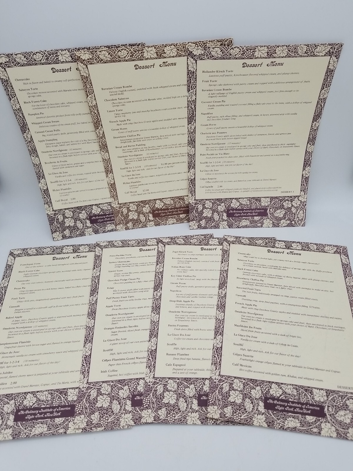 Lot of 7 Vintage Menus from The Culinary Institute of America Hyde Park New York