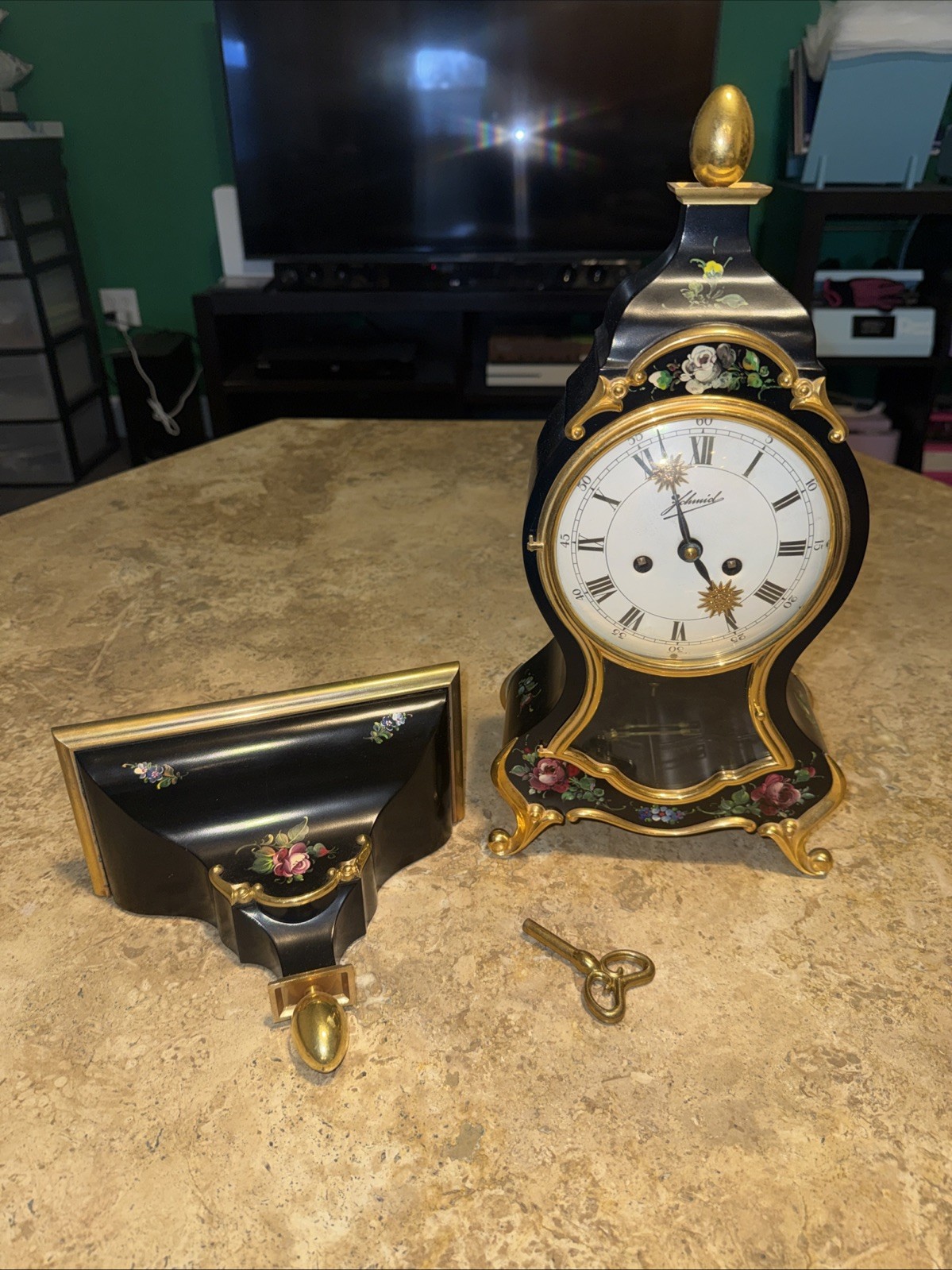 Vintage German Germany Schmid Mantel Clock w/ Shelf & Key