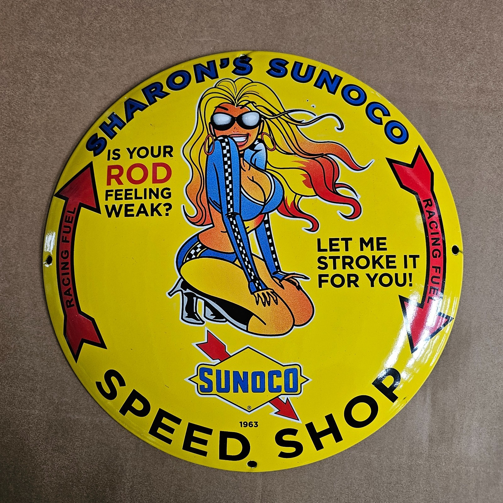 VINTAGE SUNOCO SPEED 1963 OLD US GASOLINE OIL GAS PUMP ENAMEL PORCELAIN SIGN