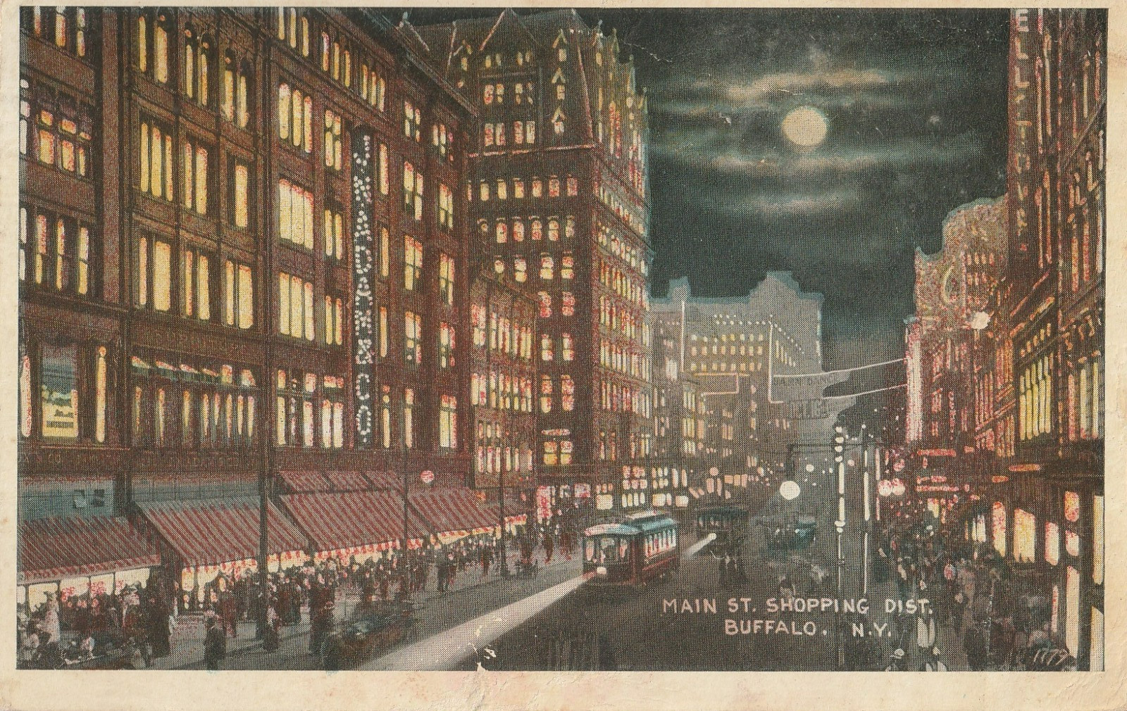 Buffalo NY Main Street Shopping District Night Postcard 1919 Streetcar Trolley Buffalo NY Main Street Shopping District Night Postcard 1919 Streetcar Trolley