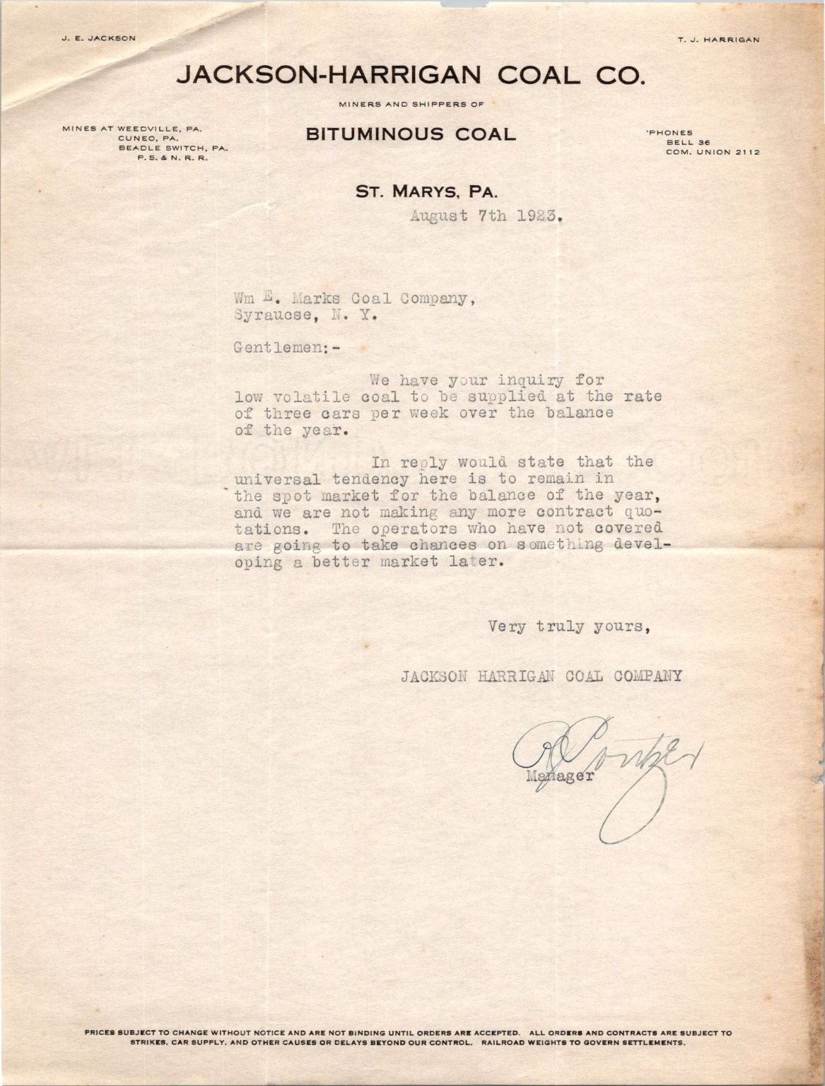 1923 Jackson-Harrigan Coal Co. Letter Pennsylvania Bituminous Mining History