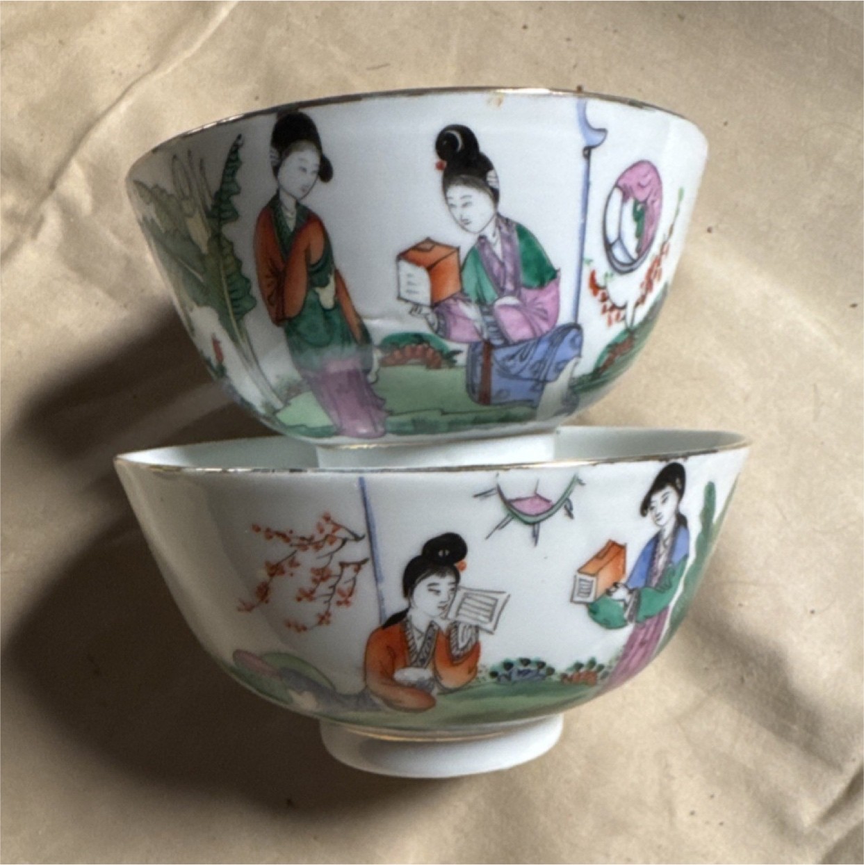 Chinese Porcelain Bowls Hand Painted Figures Calligraphy Marked CHINA 4.5\