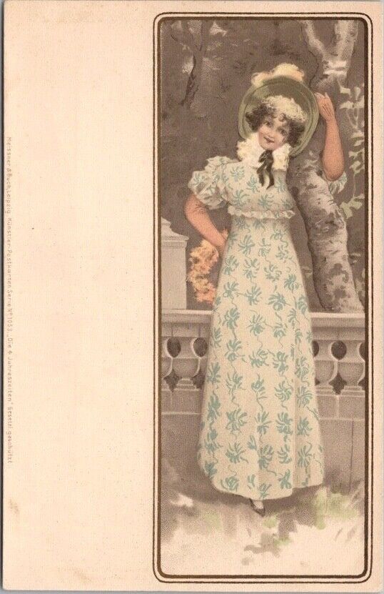 c1900s Pretty Lady / Greetings Postcard Beautiful Dress Printed /Germany UNUSED