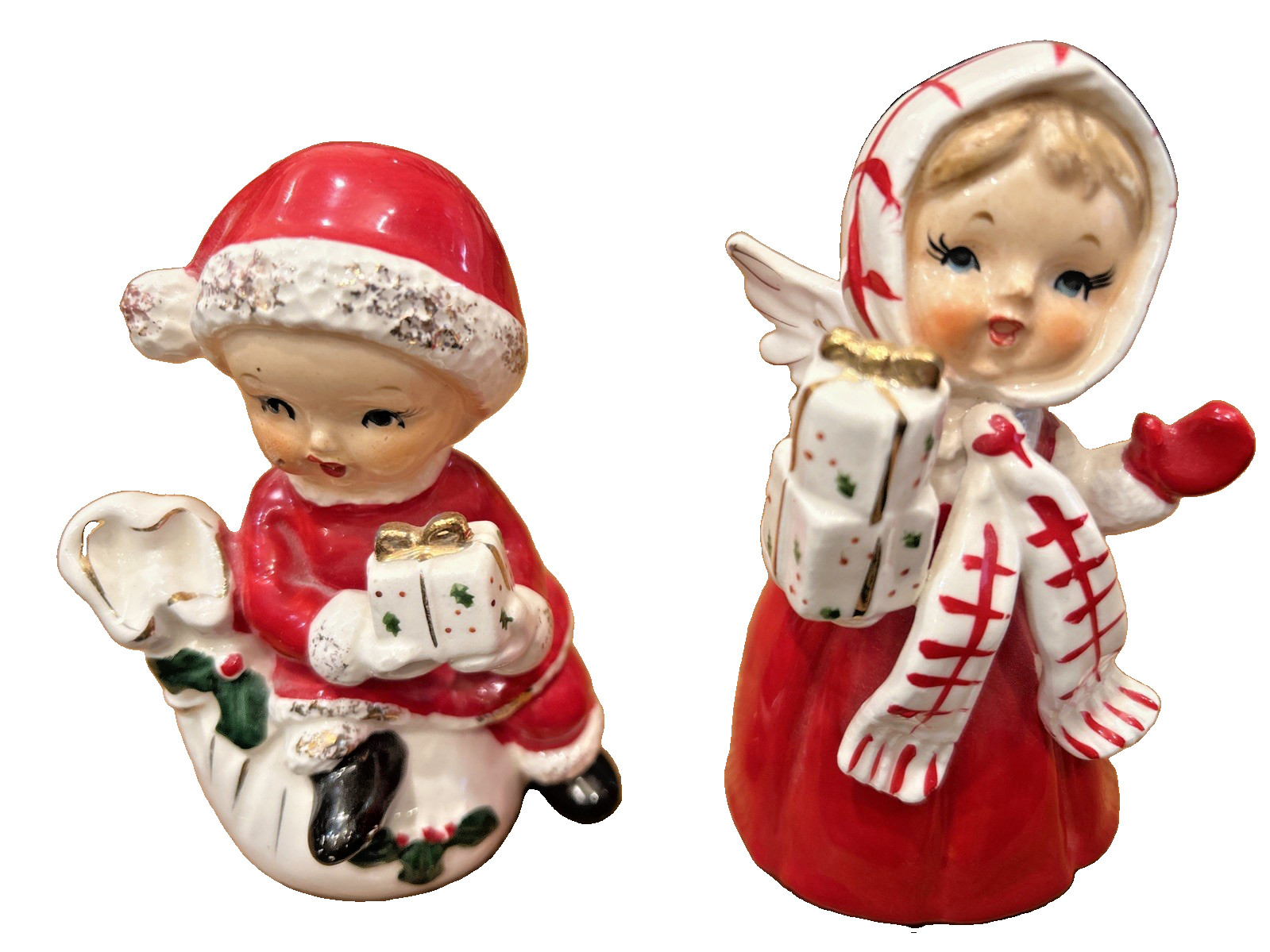 2 Vintage 1950s Ucagco  Christmas  Girls bearing gifts /4.5 inches tall/Japan