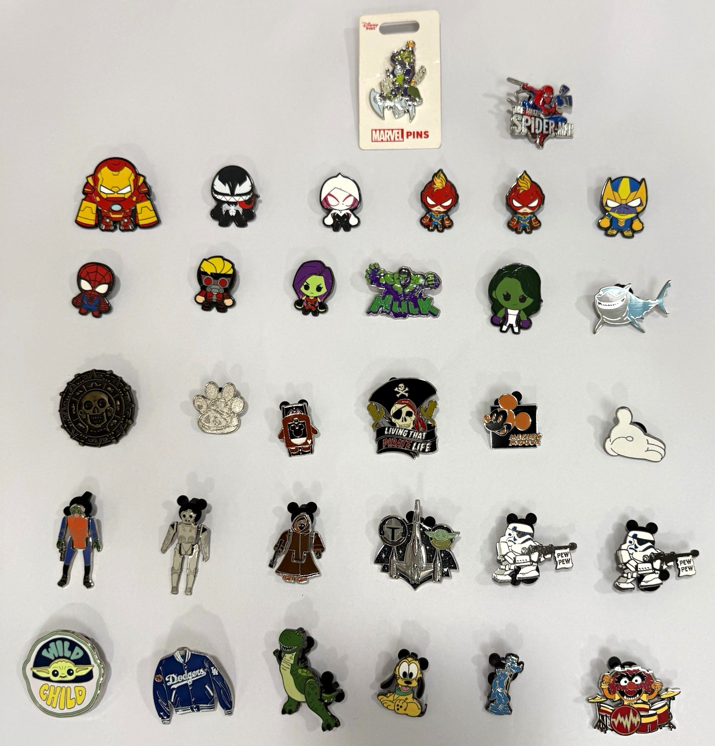 Lot of 32 Disney Marvel Star Wars Pixar Pins Spider-Man Mickey Grogu