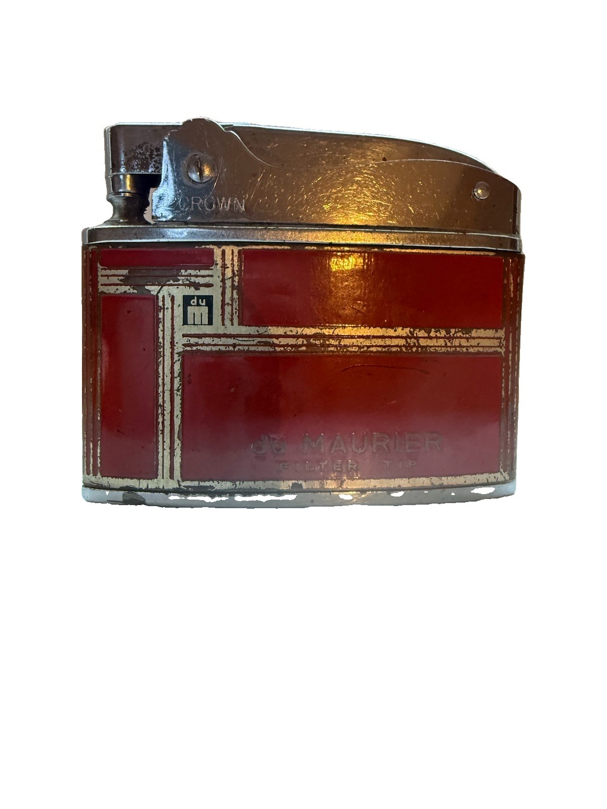 Vintage Crown Du MAURIER Pocket Lighter Red Enamel Japan Mid-Century
