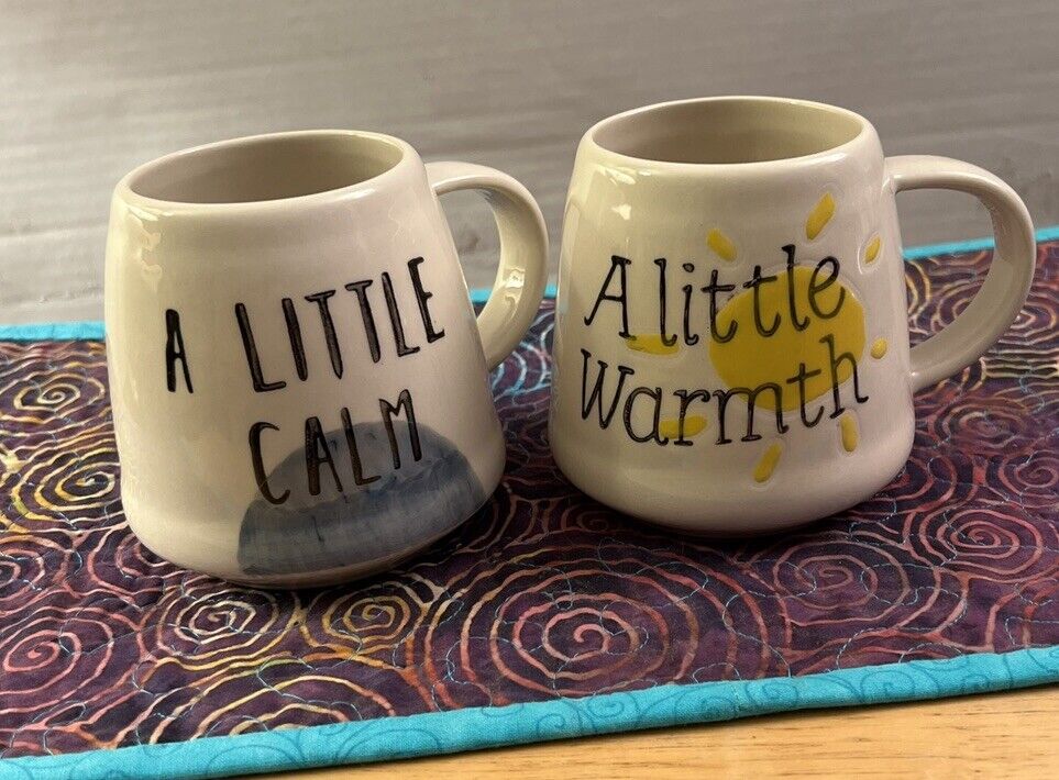 Creative Co-Op Stoneware Set Of 2 Coffee Tea Mugs Warmth & Calm