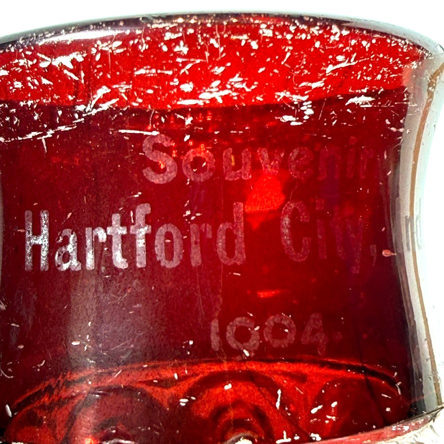 HARTFORD CITY IN INDIANA Antique Ruby Red CUT Flash Souvenir Glass SHOT CUP HARTFORD CITY IN INDIANA Antique Ruby Red CUT Flash Souvenir Glass SHOT CUP