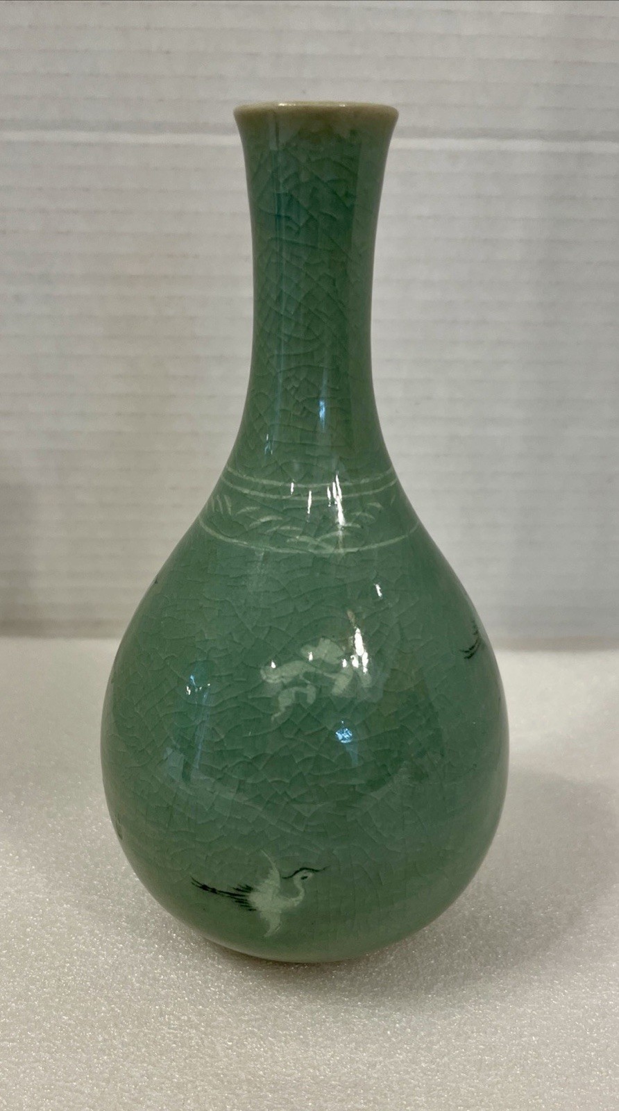 Korean Celadon Bud Vase With Cranes Clouds Marked Goryo Vintage Antique Crackle