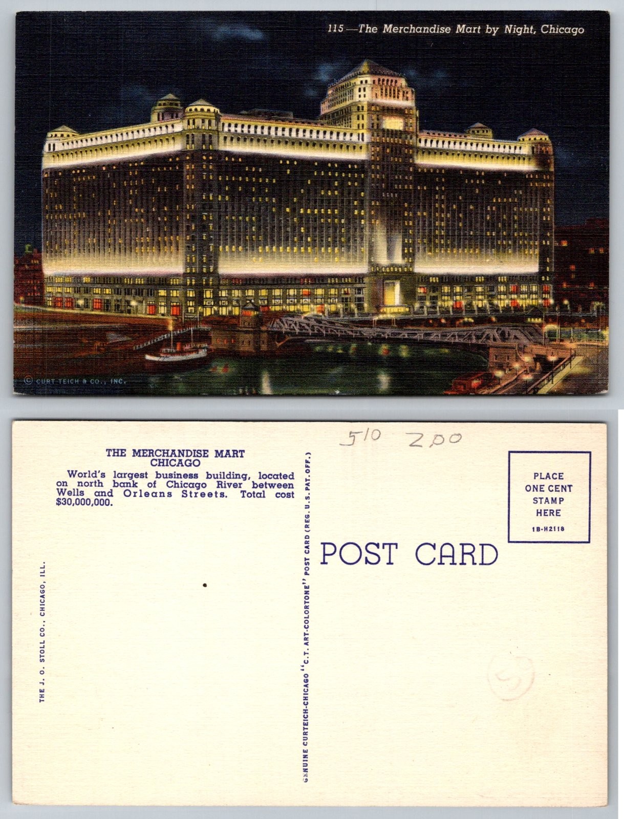 Merchandise Mart Chicago Illinois Night View Curt Teich Postcard