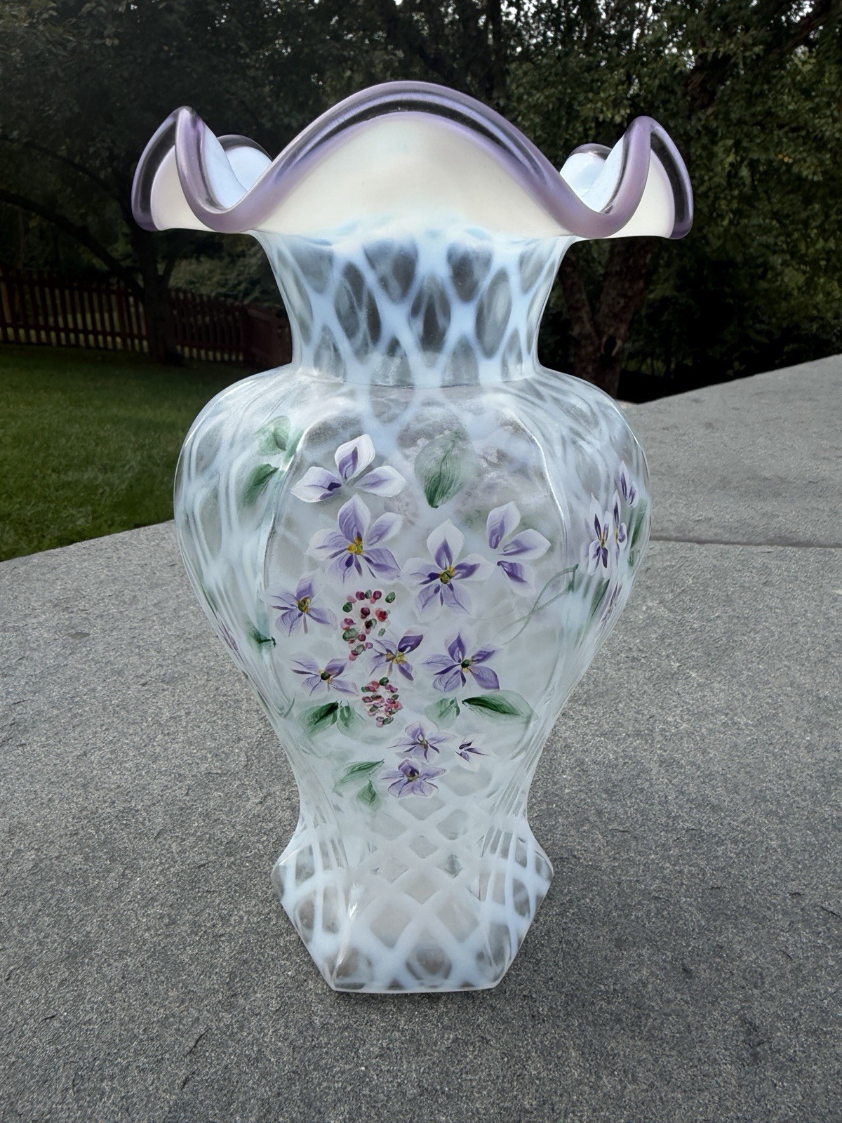 Signed Fenton Opalescent Diamond Lattice Floral Vase Ruffled Swirl Hand Painted