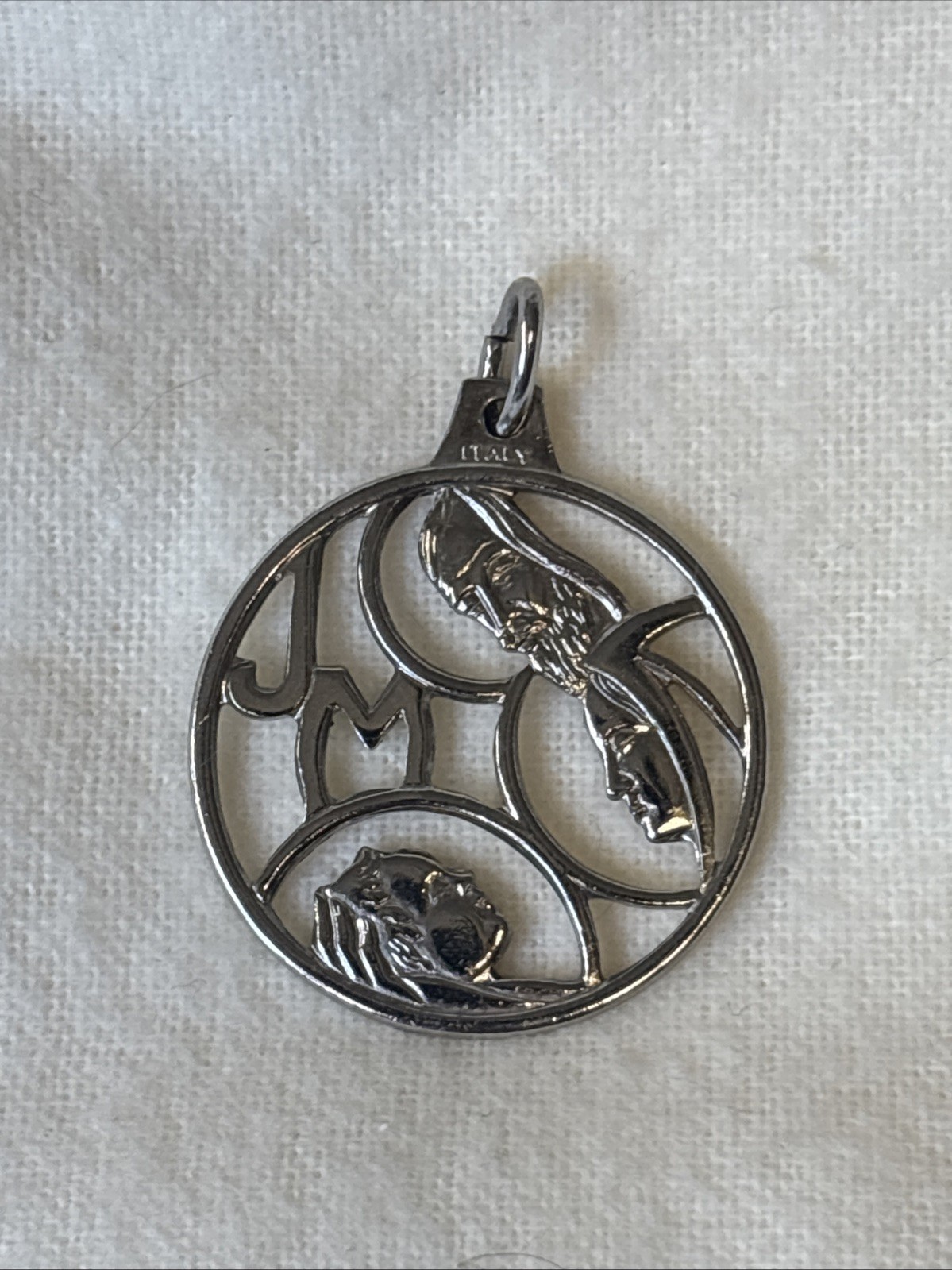 Vintage Catholic Holy Family St Joseph Mary baby Jesus Silver Tone Pendant
