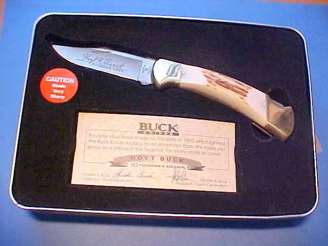 UNUSED CUSTOM BUCK 112 KNIFE FOUNDERS EDITION SUPER FAT STAG SHEATH TIN STAND