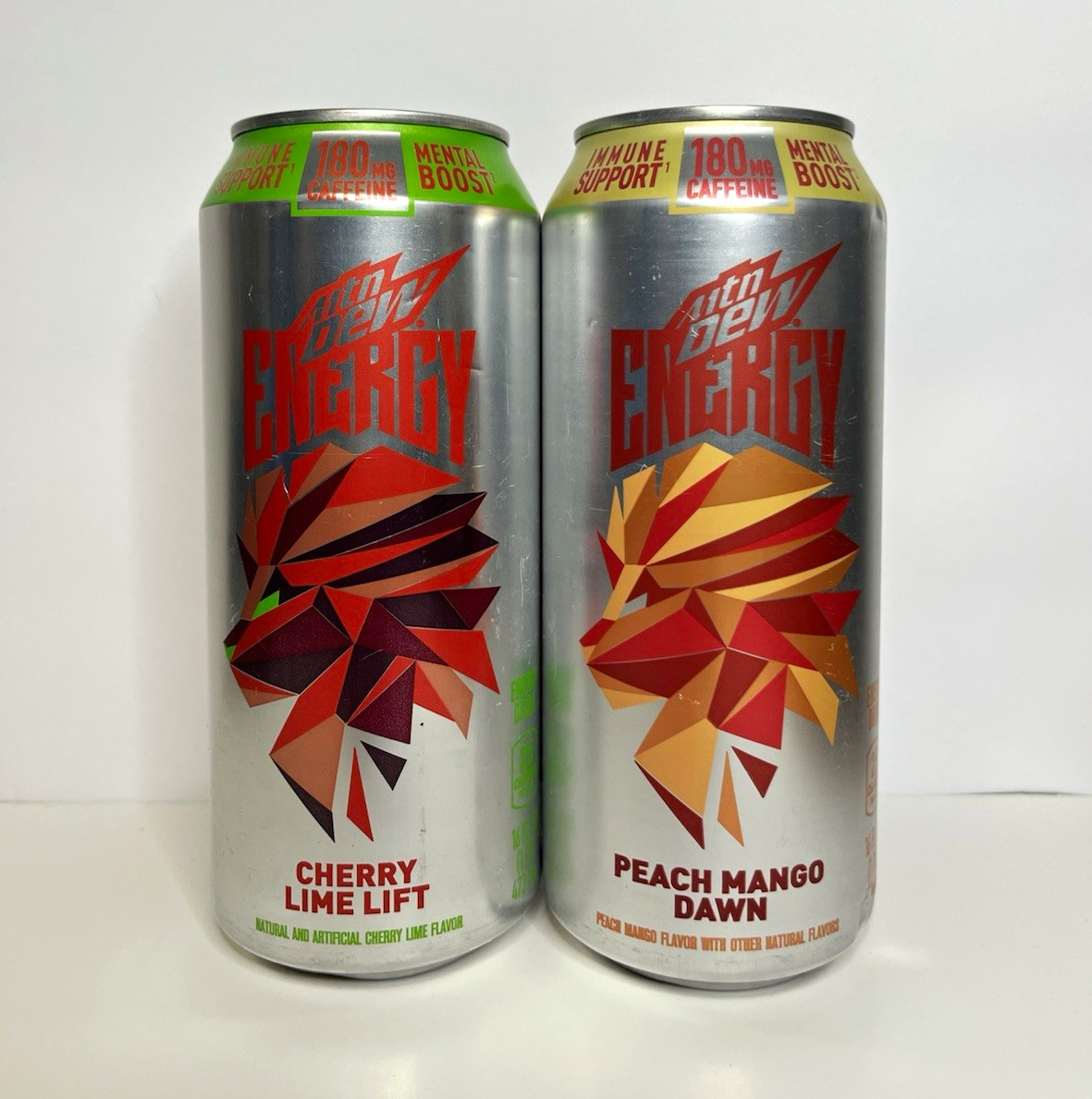 Mountain Dew Energy Cherry Lime Lift & Peach Mango Dawn Lot of 2 Full Cans Disc.