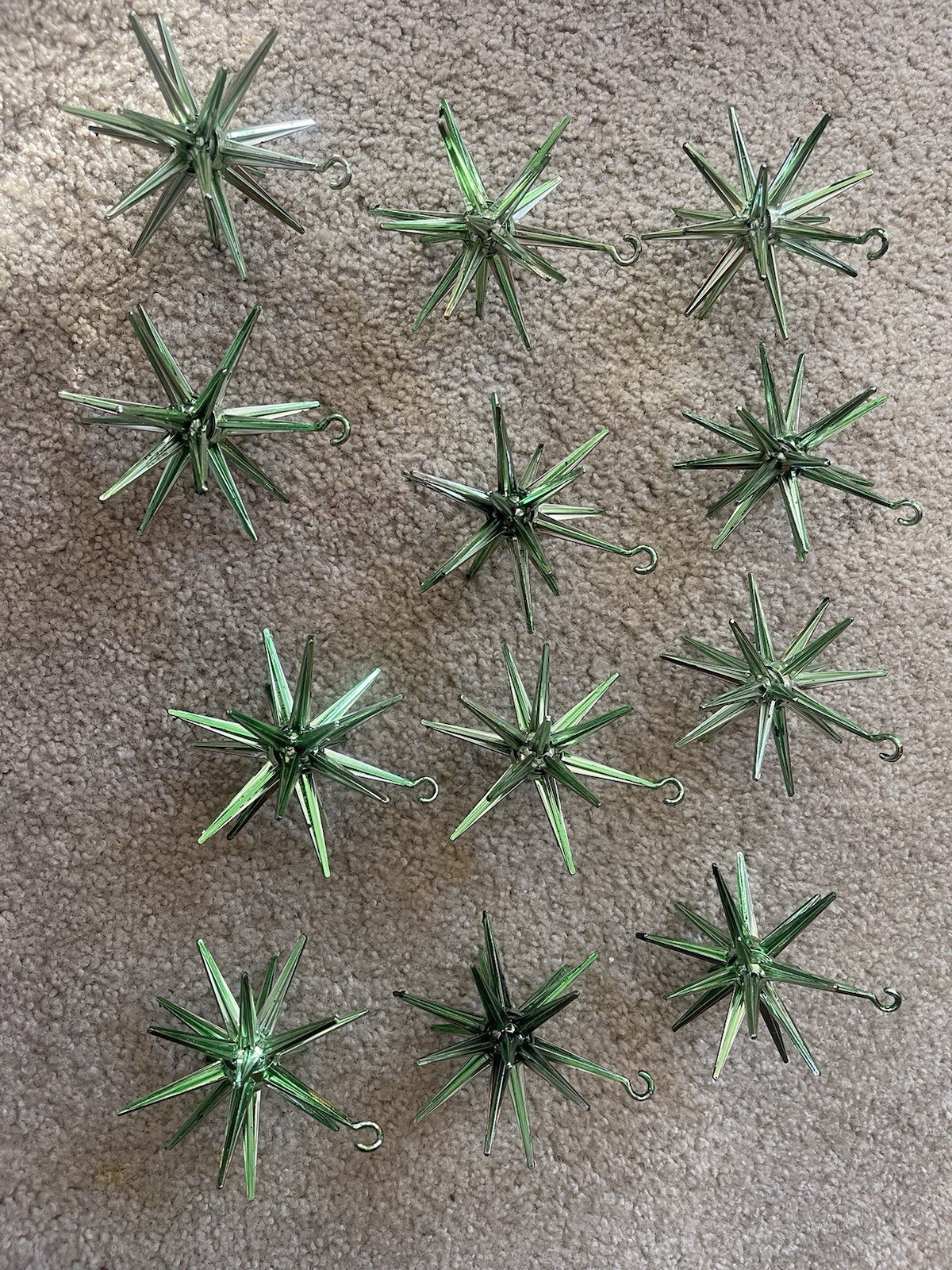 Lot of 12 Vintage MCM Bradford ATOMIC SPUTNIK Metallic Green Star Ornaments