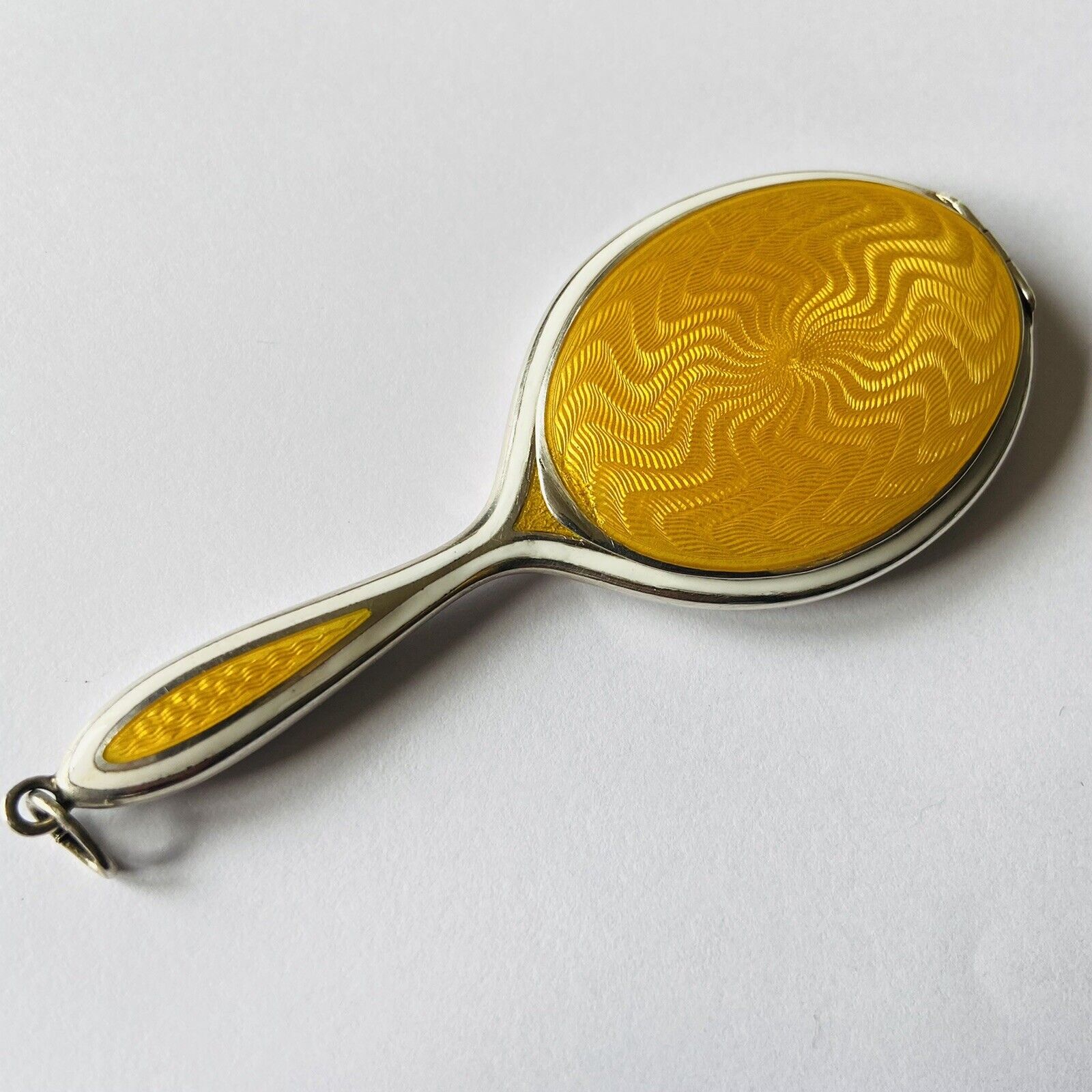 Antique Edwardian Silver and Yellow Enamel Miniature Hand Mirror Pendant