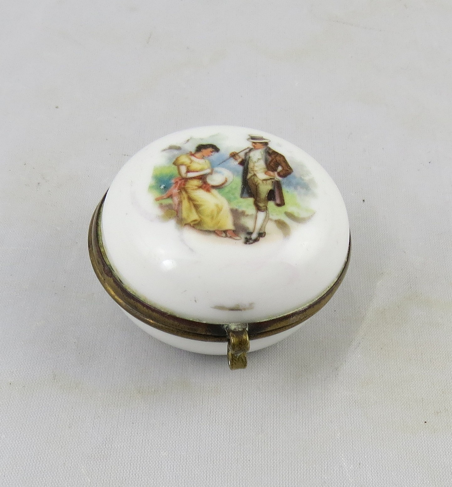 Vintage Continental Porcelain Trinket Box with Courting Scene
