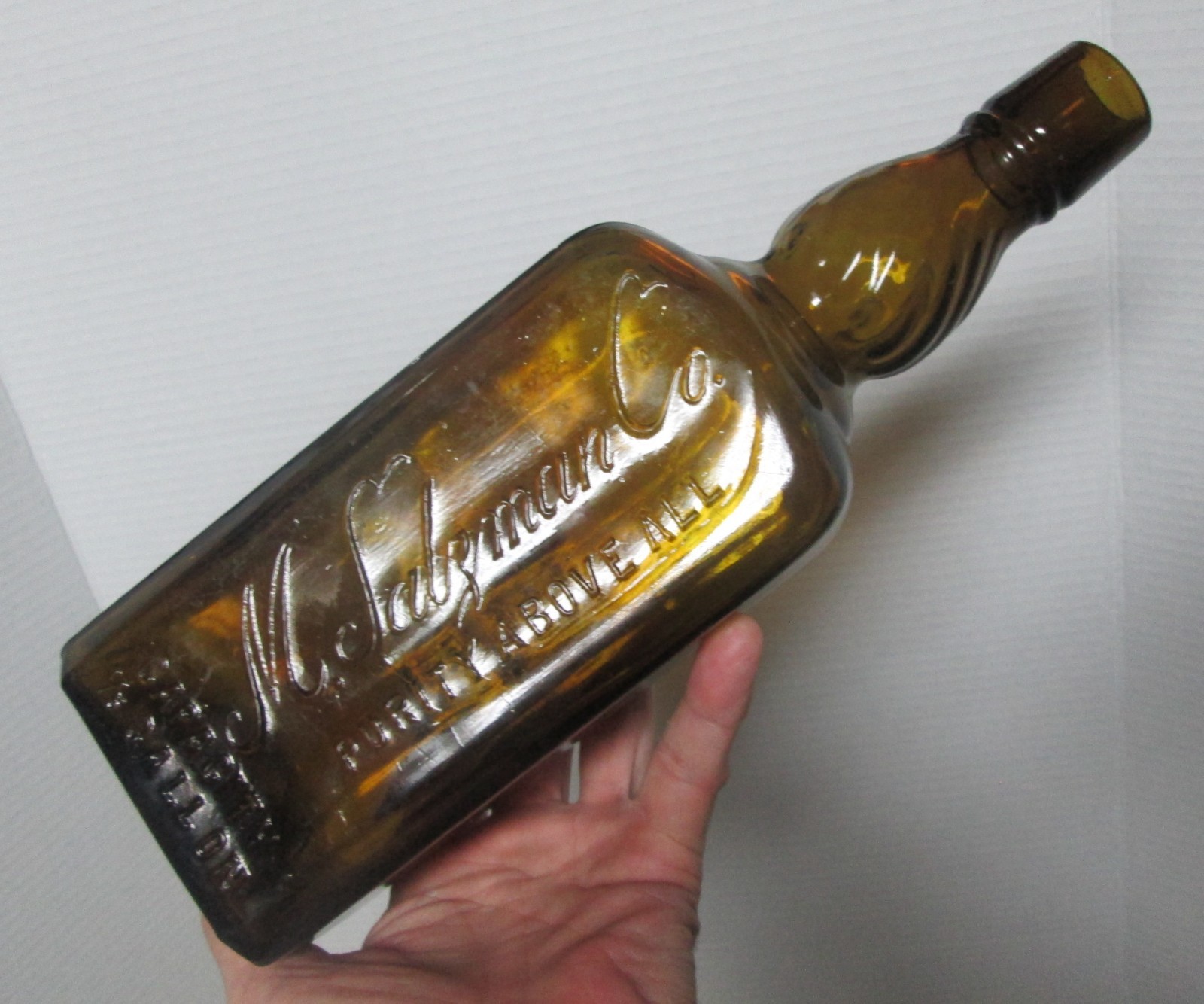 Vintage Salzman Co. Liquor Bottle-Twiated Neck-Rare Olive Amber-NICE-L@@K