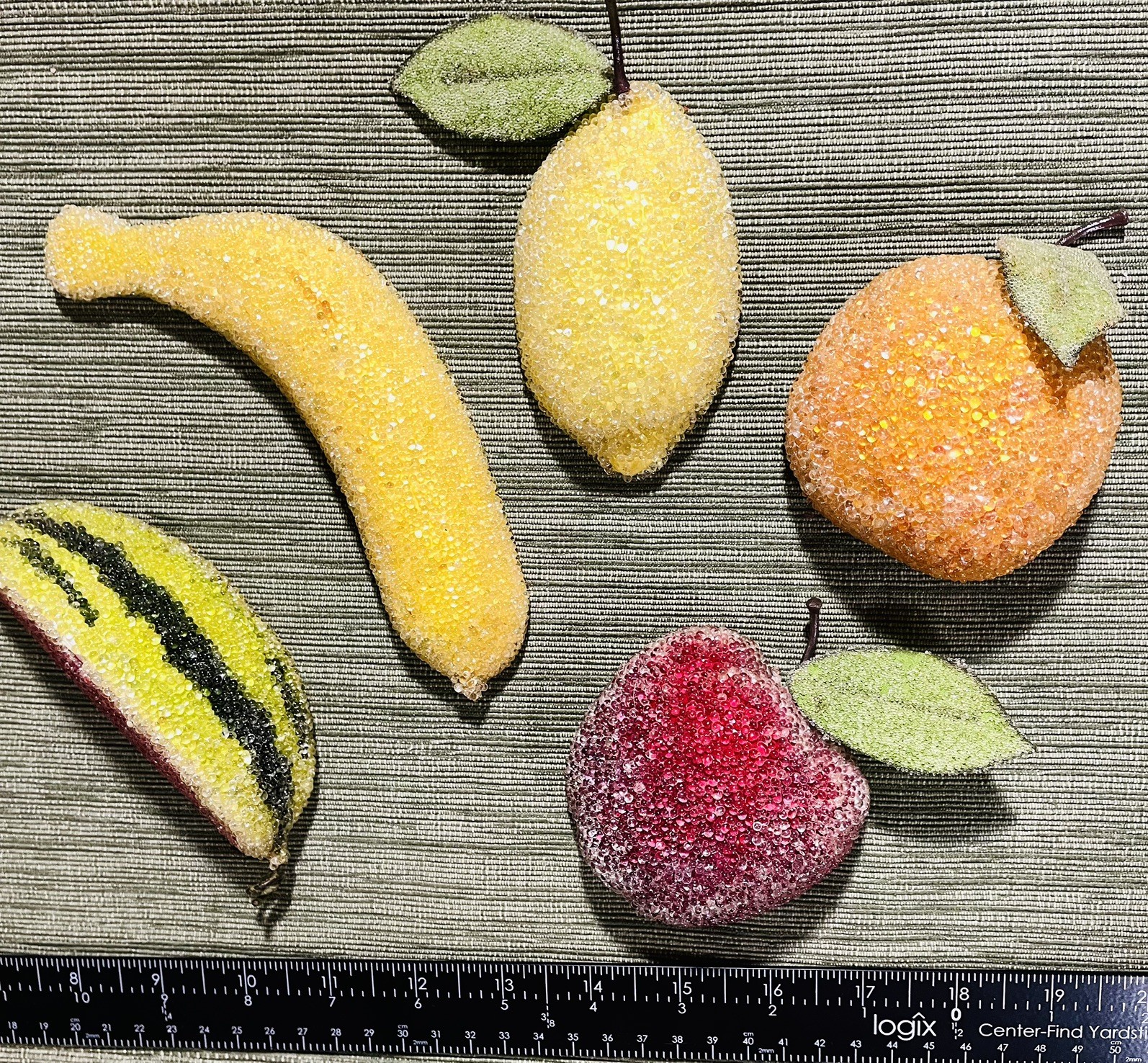 5 Vintage MCM Sugared BEADED Fruit Refrigerator Magnet Set Apple Lemon etc 2-3”