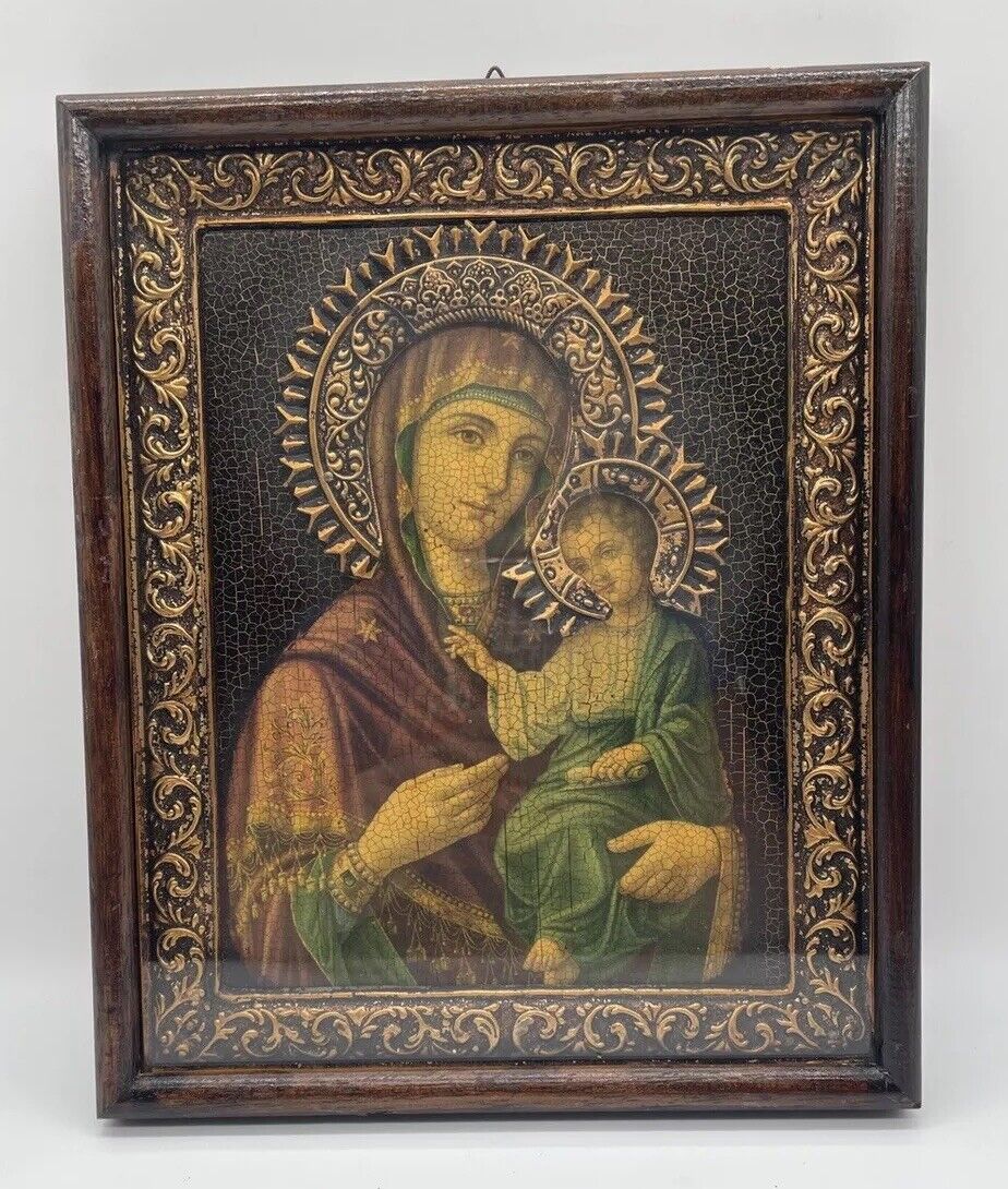 Vintage Religious hand made icon Virgin Mary Jesus Christ