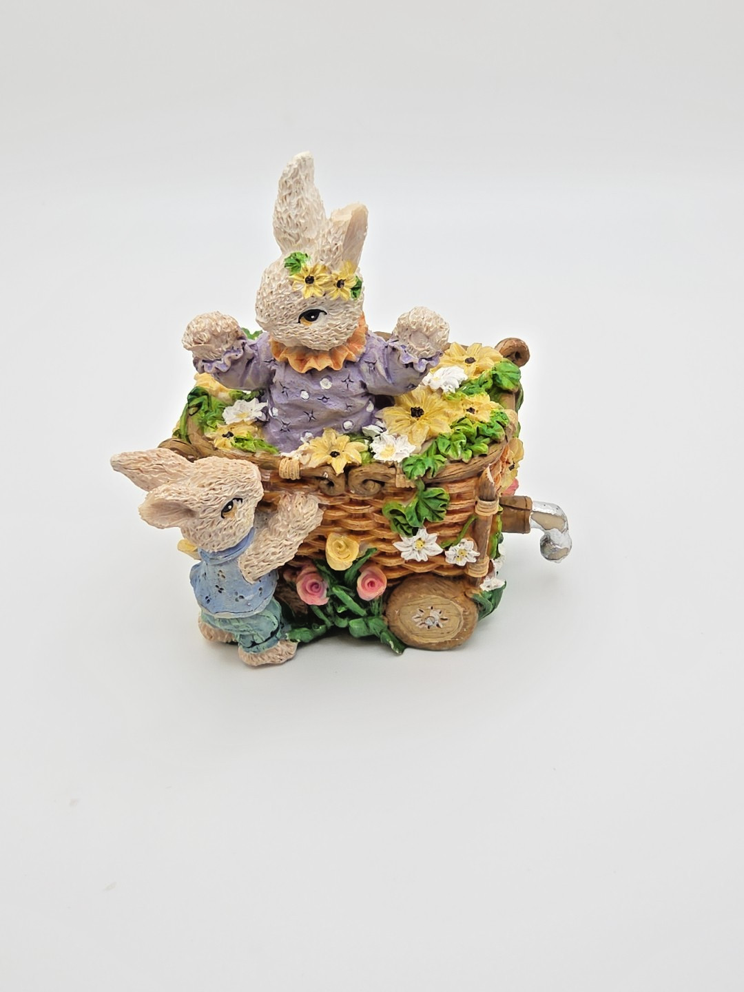 Easter Bunny Rabbit Figurine Flower Cart Basket Woven Resin Cottagecore Decor
