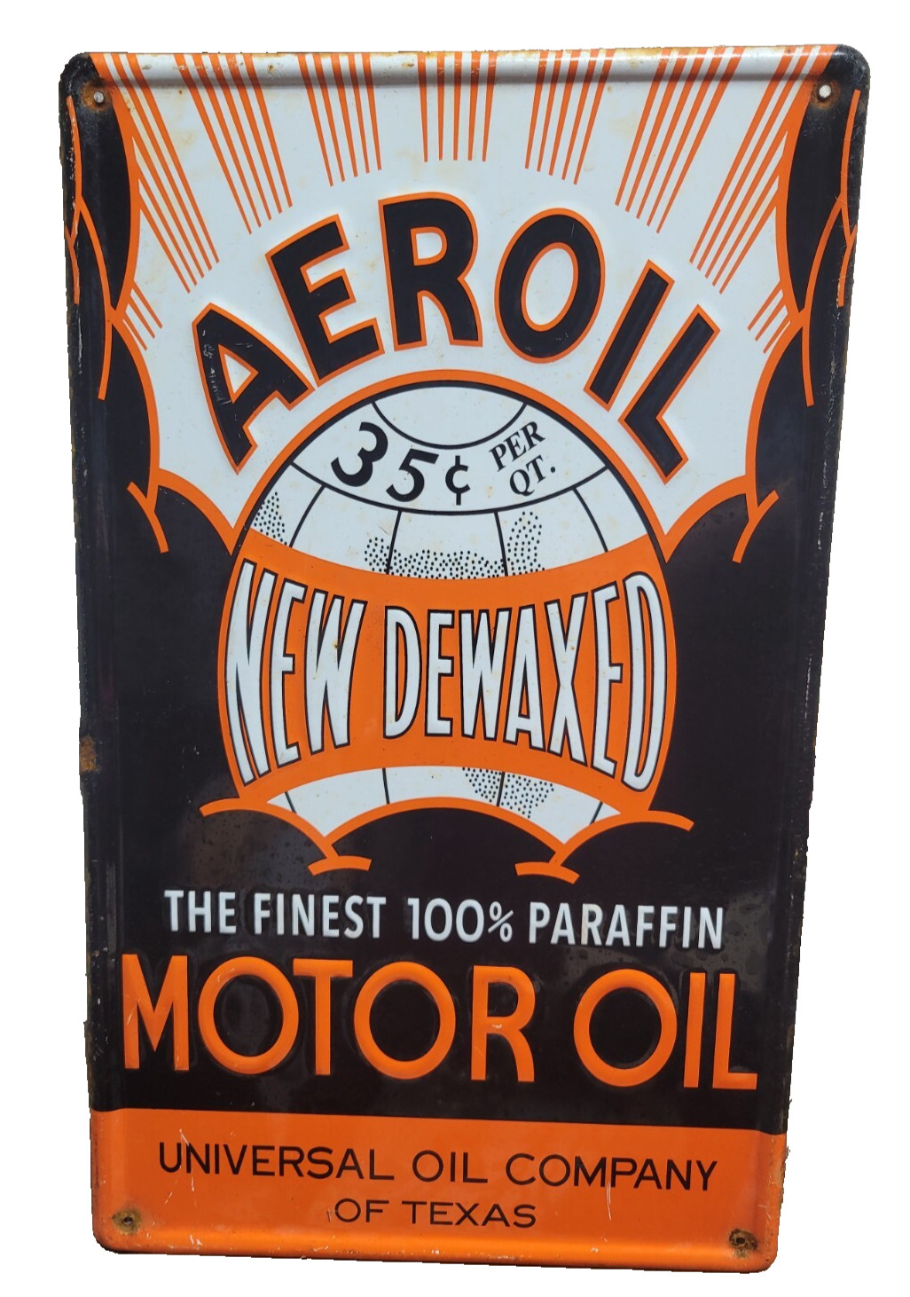 VINTAGE AEROIL SIGN OLD EMBOSSED METAL UNIVERSAL MOTOR OIL CO. TEXAS GAS PETROL