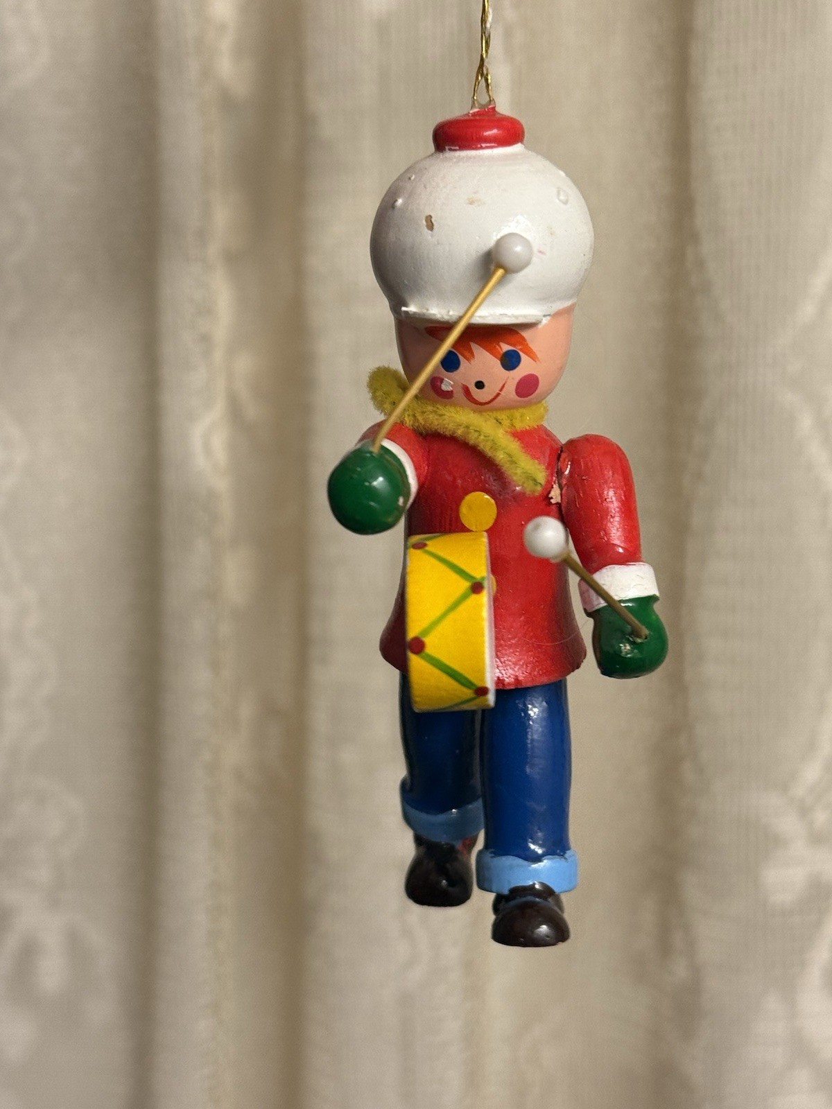 Vtg Wooden Drummer Boy Christmas Ornament Hand Painted Toy Soldier Wood Drum