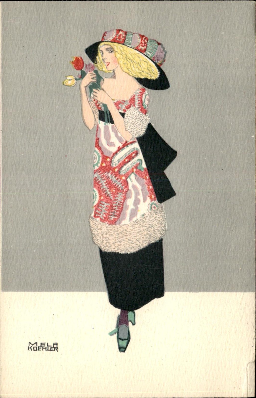 Art Deco woman with flowers B.K.W.I. Mela Koehler 746-3 c1920 Postcard bhn