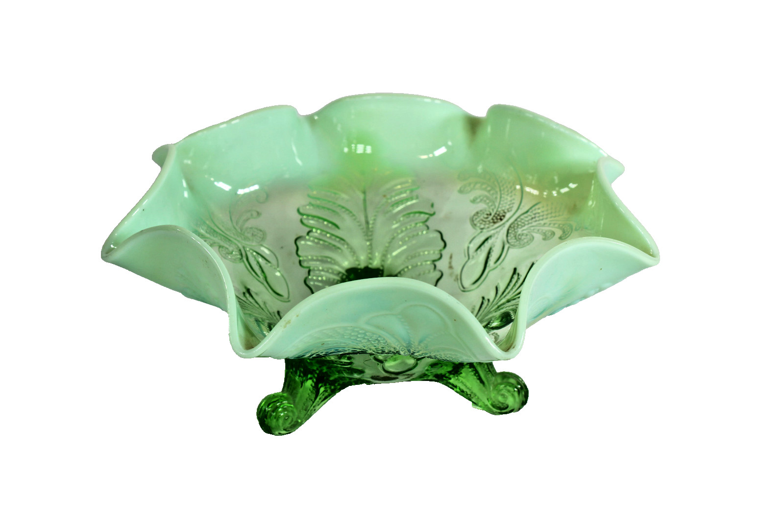 Antique Depression Glass Candy Dish Footed Bowl Lime Green Flowers Antique Depression Glass Candy Dish Footed Bowl Lime Green Flowers