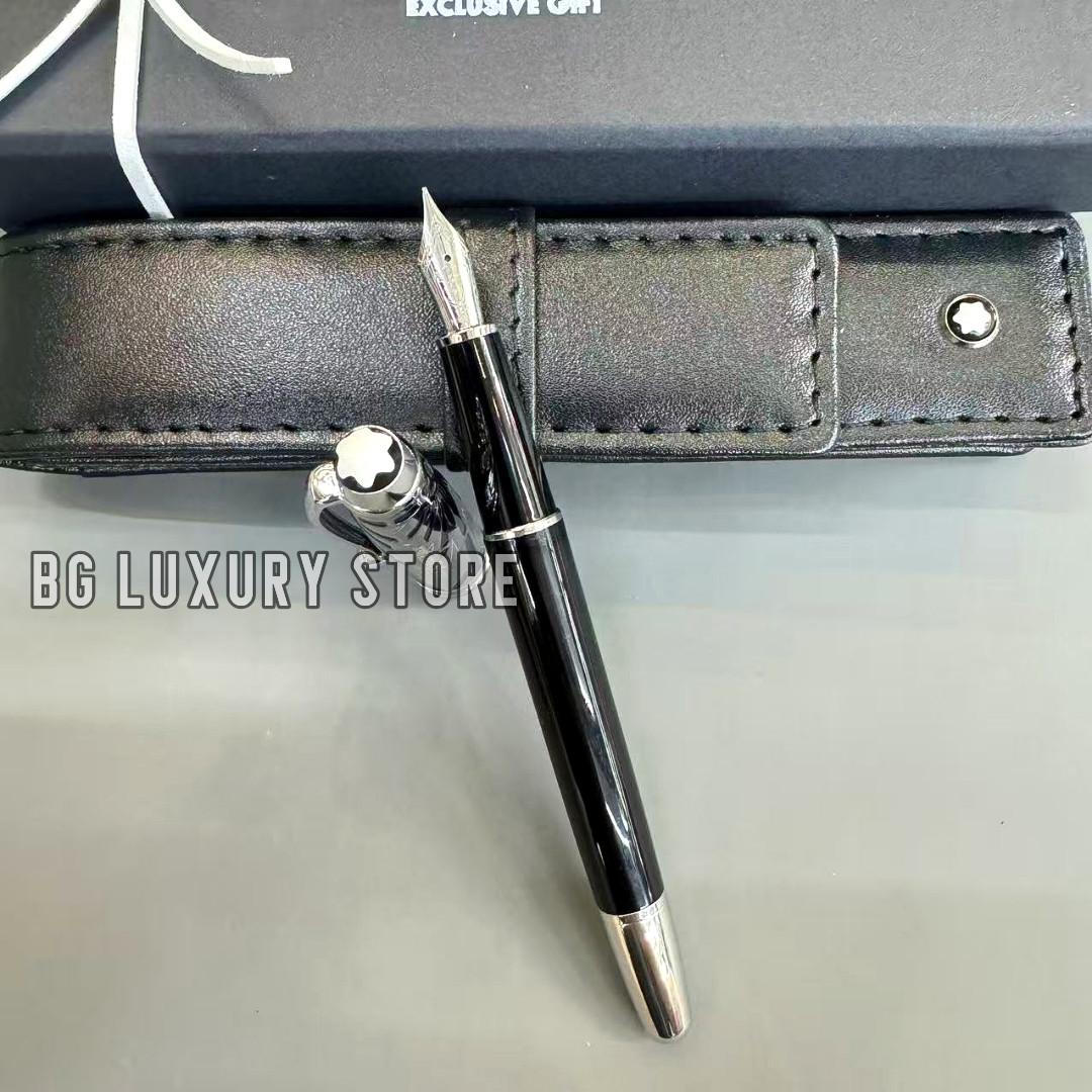 MONTBLANC Black Resin Fountain Pen Silver Trim w/ Leather Pouch VIP Gift MONTBLANC Black Resin Fountain Pen Silver Trim w/ Leather Pouch VIP Gift