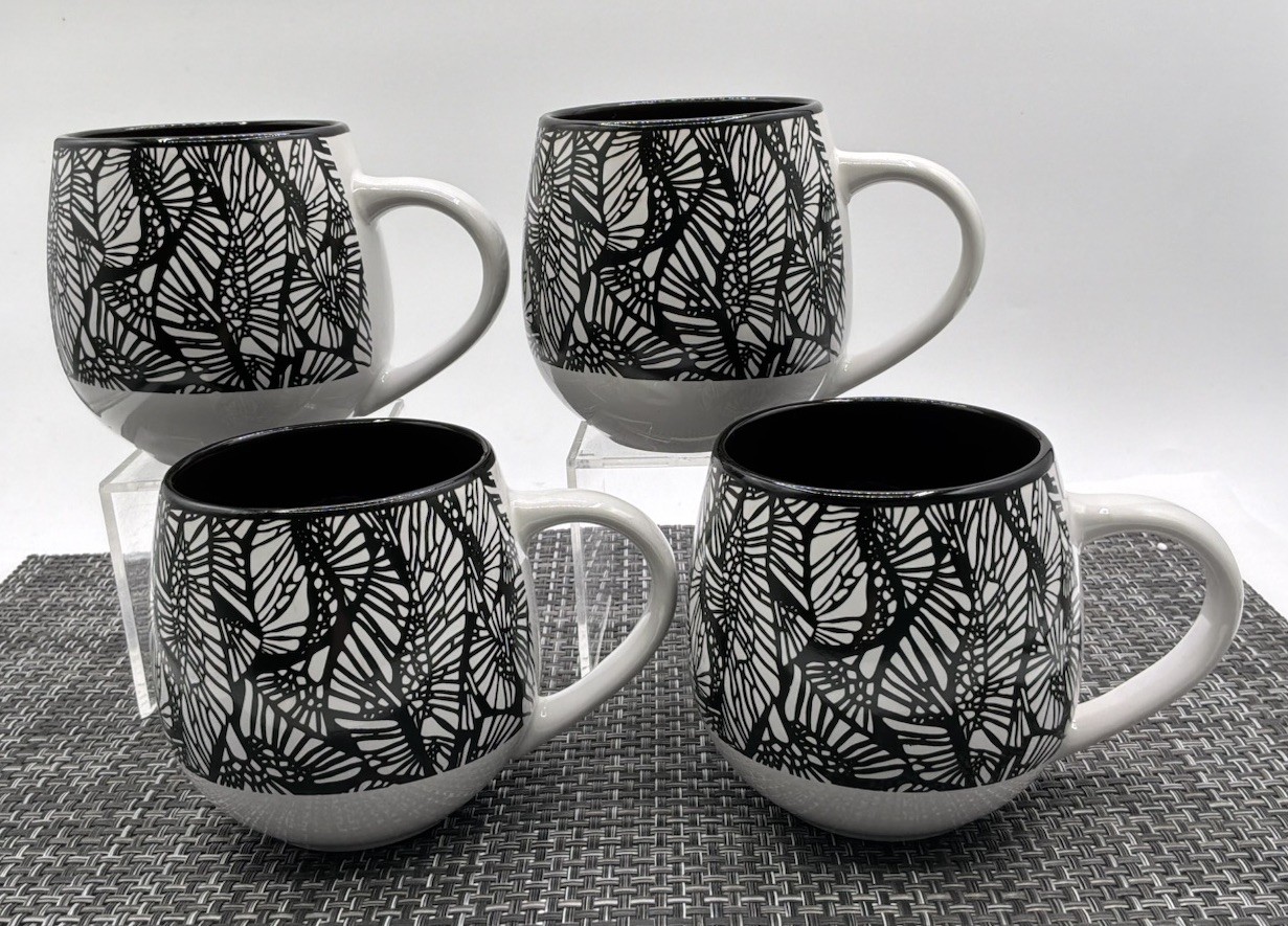 4 Discontinued Karma Gifts Black White Boho Mugs Botanical  Leaf  16 Oz. EUC