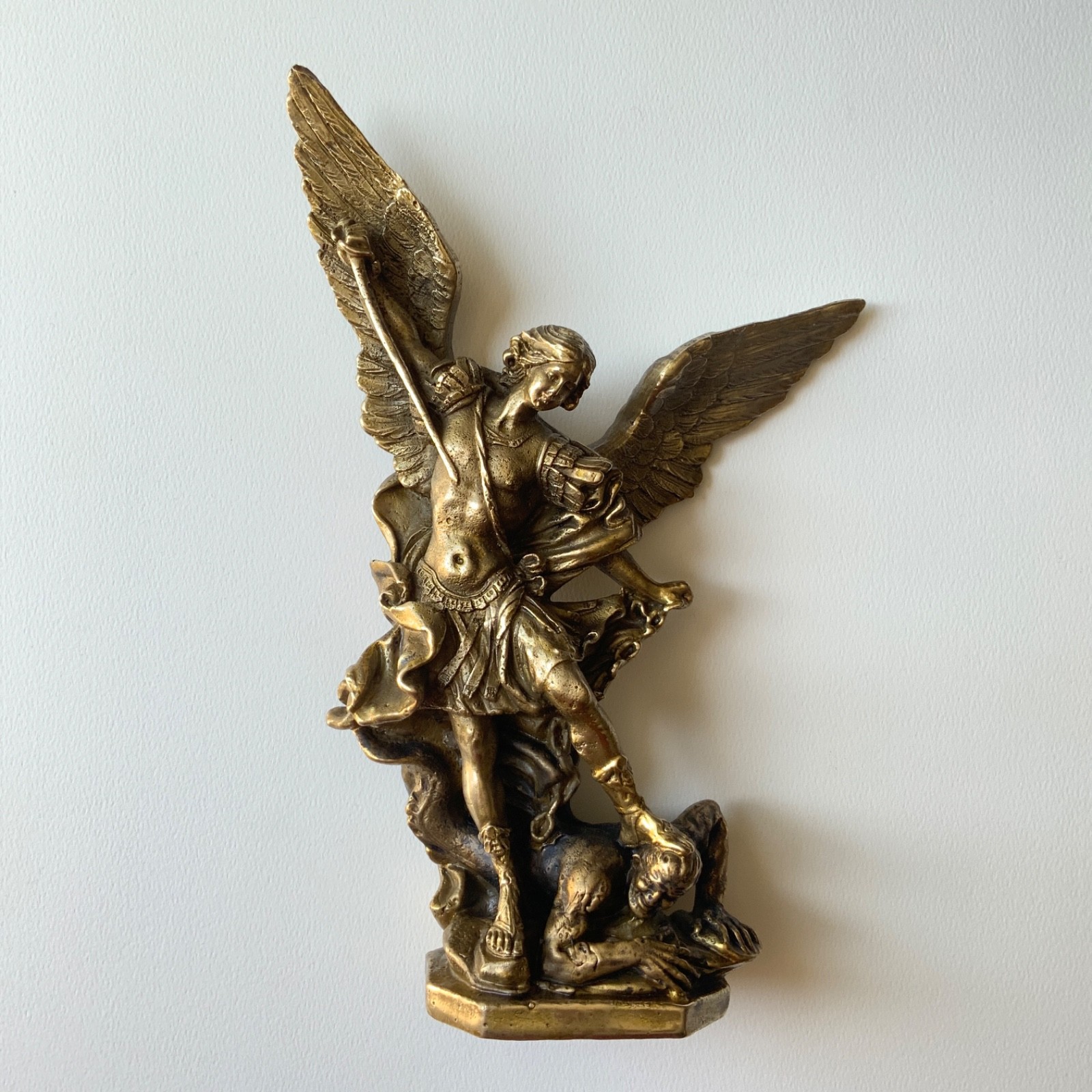 Vintage A. Santini Solid Bronze St. Michael Statue Italy Guido Reni 11\
