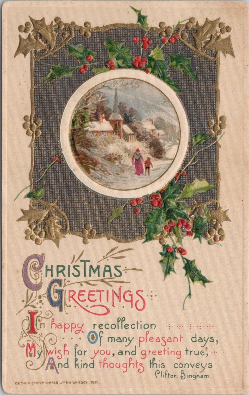 Artist-Signed PC Winsch Christmas Point Richmond California RPO Postmark 1912