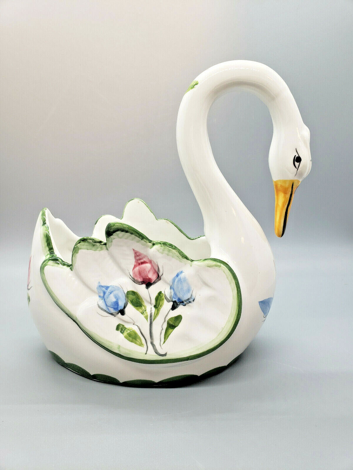 Porcelain Swan Planter Portugal Handpainted
