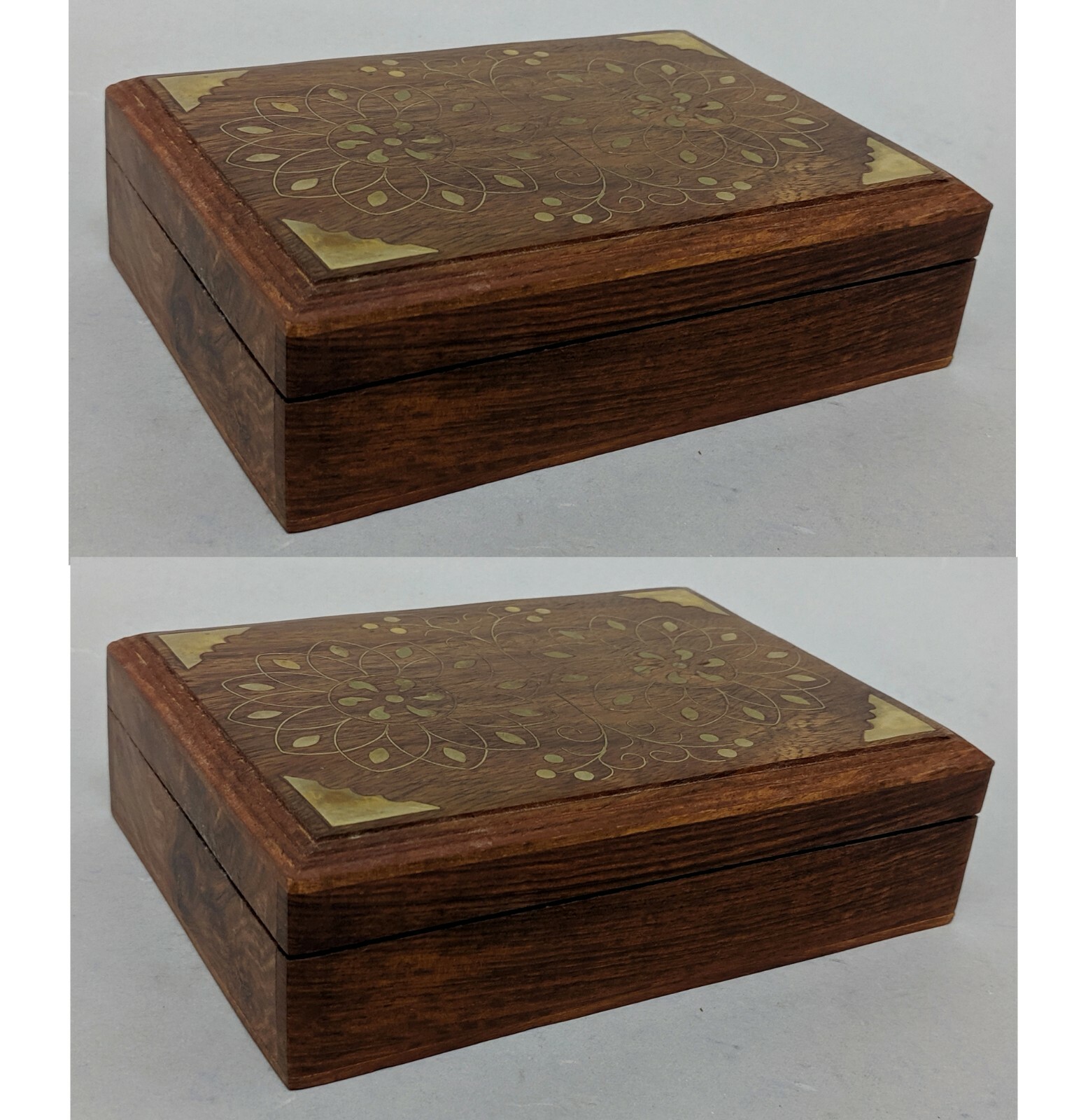 Box Sheesham Wood Hinged Top Inlaid Brass Design 5