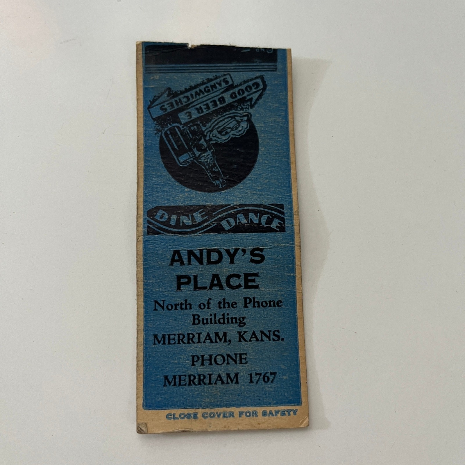 Andy's Place Dine Dance Good Beer Merriam KS Vintage Matchbook Cover SMB40-4