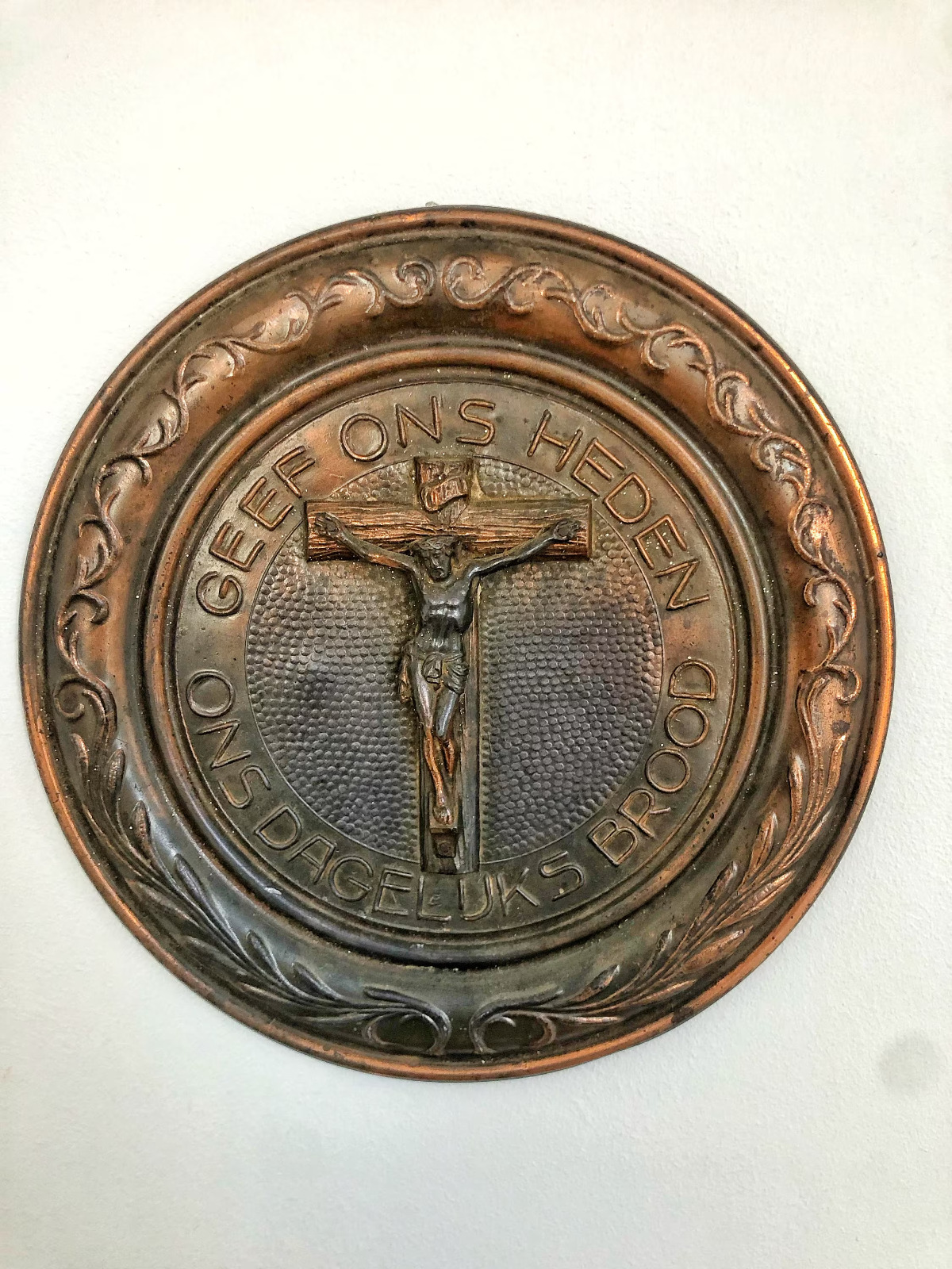 Belgian engraved bronze crucifix and plate, late 1800s