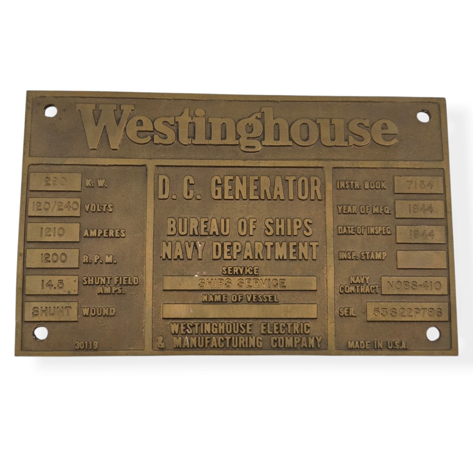 1944 WWII Westinghouse US Navy Bureau of Ships Brass Generator Nameplate Tag