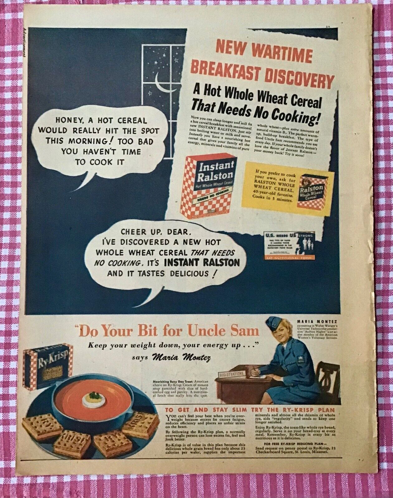 1942 newspaper ad for Instant Ralston Cereal - Wartime Breakfast Discovery, WW2