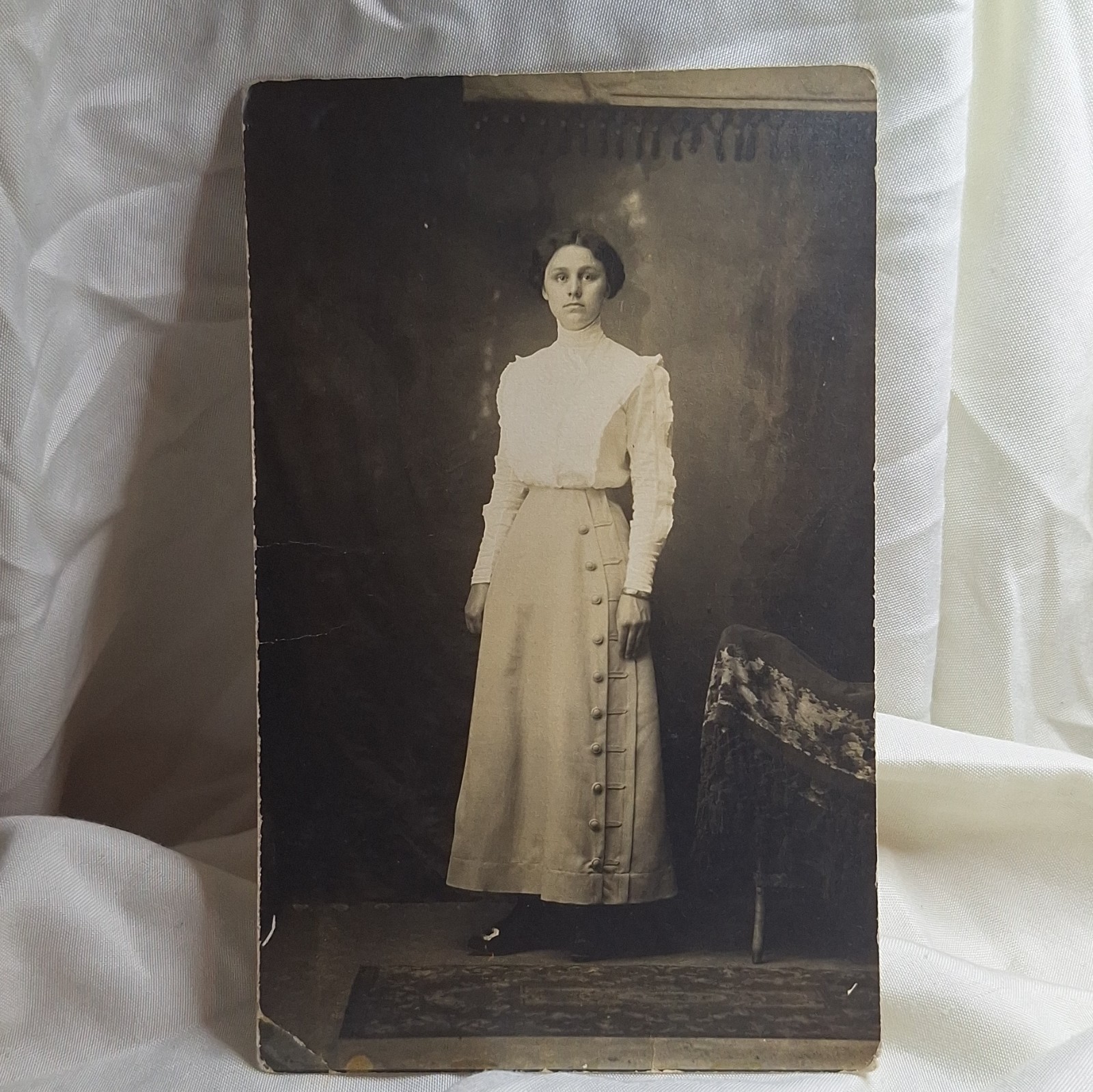 Real Photo RPPC 1900s Woman Portrait Long Dress Divided Back Unposted